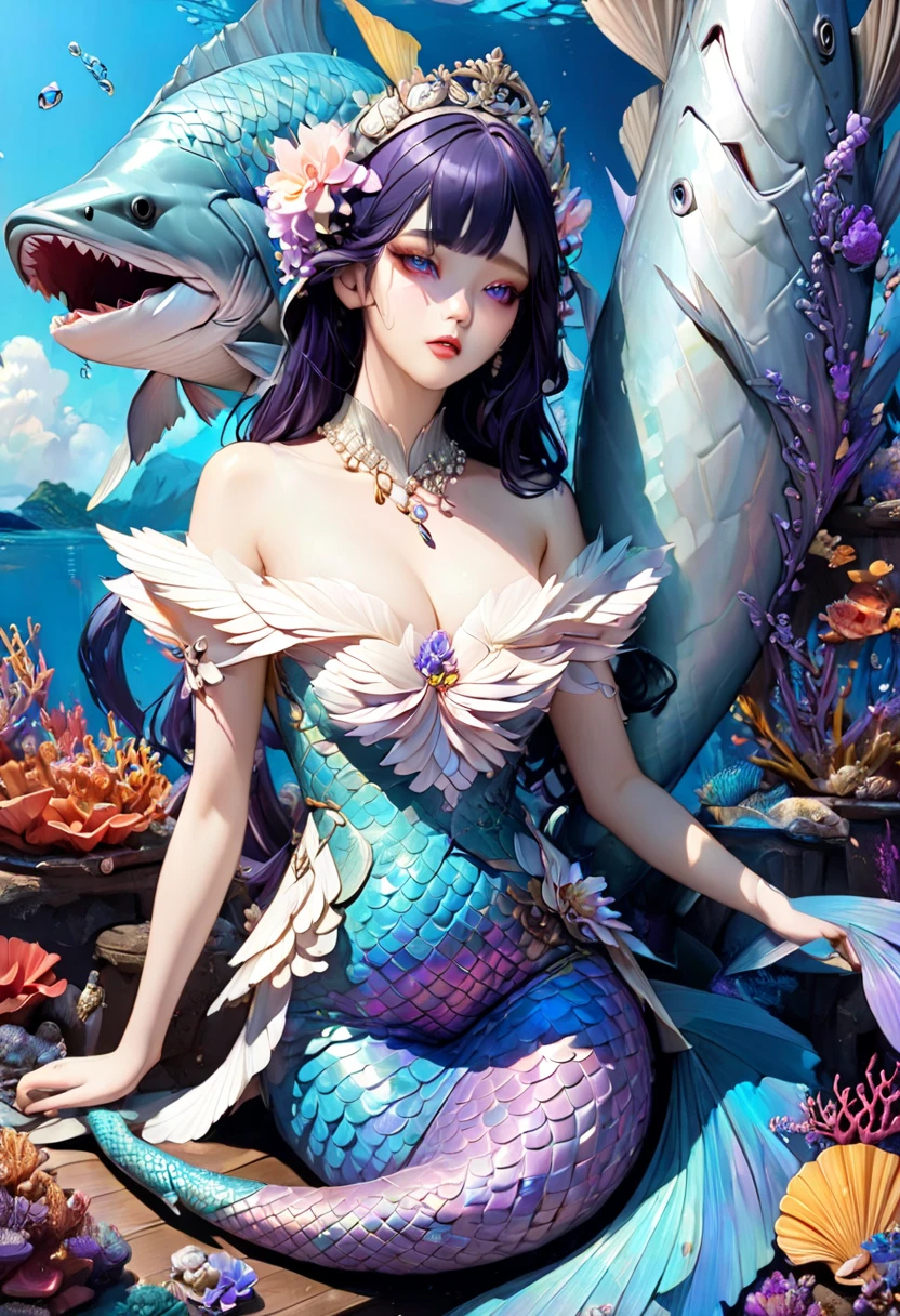 (masterpiece), (best quality:1.2), absurdres, [:intricate details:0.2], Under the sea, blue eyes, large breast, scales, a beautiful Little (Mermwims gracefully with her bright red hair flowing behind her, surrounded by schools of colorful tropical fish, coral reefs, and sea anemones. The vibrant hues of blues, create a surreal and magical underwater world that leaves the viewer in awe,
