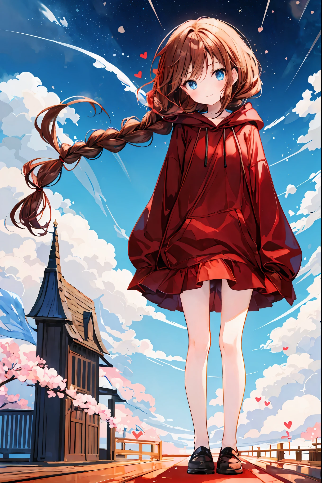 red hoodie girl，(Speaking Heart),  happy ,  open your mouth,  close eyes, Masterpiece, Park,    blue sky,  blondes,    long hair, Bowling Bang Bang    ,    has long eyelashes ,    blue eyes,    Black Gothic Lolita, smile, Ribbon in hair, Gentle expression，  brown hair，  shortcut，  tousled hair ， short braided hair，Neat， Slender and beautiful woman，Correct posture， small breasts，  Beautiful Legs， Enchanting gray- blue eyes are shining like stars，Droopy eyes，  bright color,  beautiful eyes,繊細なsmile, Textured Skin, BEST QUALITY BEST  ,   A parody of a gentle and beautiful woman ,  anime style ､