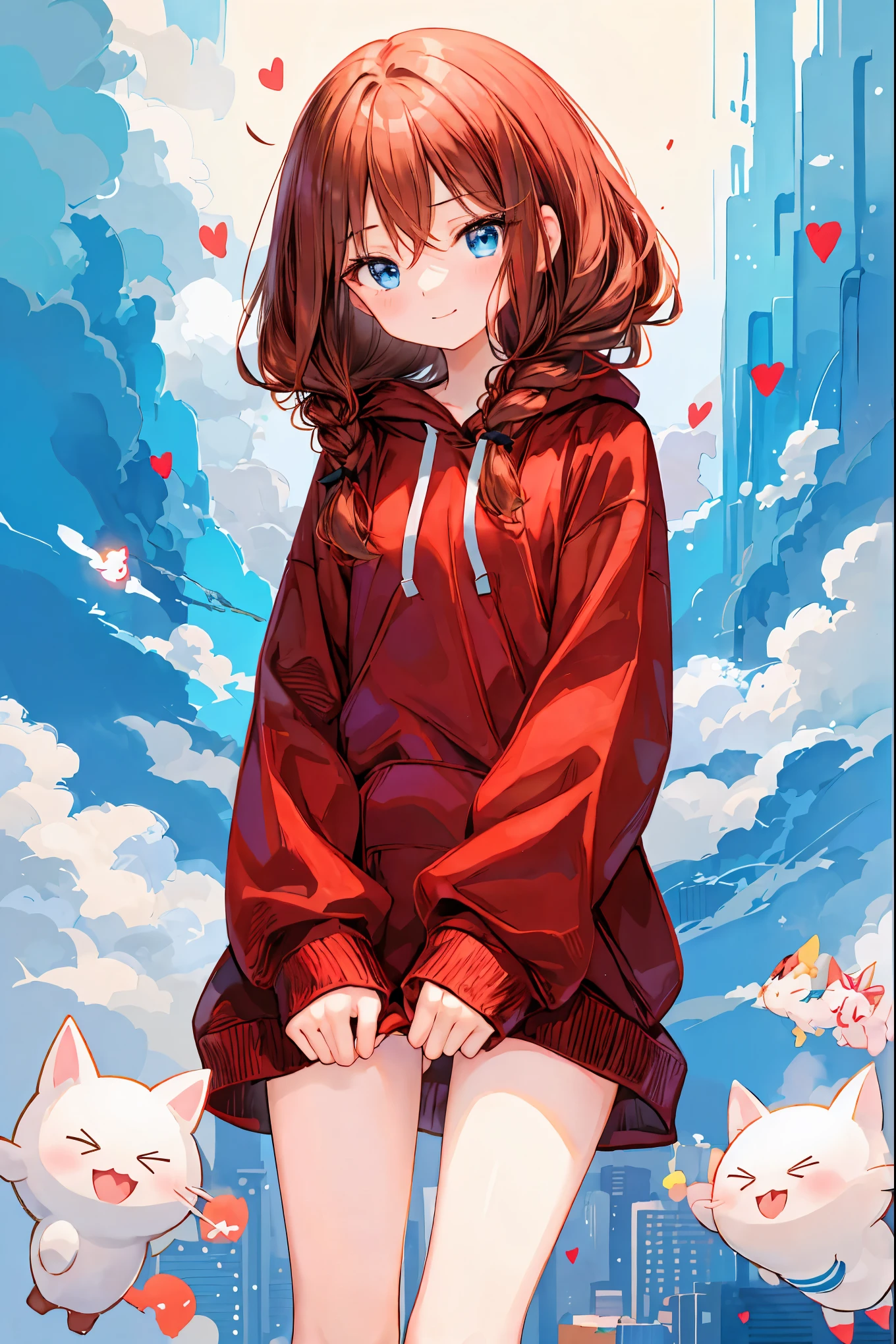 red hoodie girl，(Speaking Heart),  happy ,  open your mouth,  close eyes, Masterpiece, Park,    blue sky,  blondes,    long hair, Bowling Bang Bang    ,    has long eyelashes ,    blue eyes,    Black Gothic Lolita, smile, Ribbon in hair, Gentle expression，  brown hair，  shortcut，  tousled hair ， short braided hair，Neat， Slender and beautiful woman，Correct posture， small breasts，  Beautiful Legs， Enchanting gray- blue eyes are shining like stars，Droopy eyes，  bright color,  beautiful eyes,繊細なsmile, Textured Skin, BEST QUALITY BEST  ,   A parody of a gentle and beautiful woman ,  anime style ､