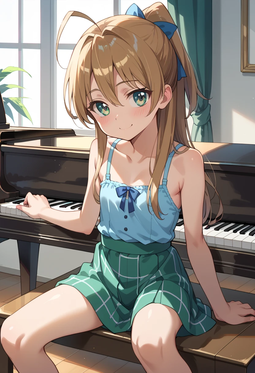 (( top quality)), ((masterpiece)), (be familiar with),  Perfect Face, indoor, bedroom,  Watching Viewers ,
One woman, Miyamoto Rei,
開いた口,  ecstatic expression beside the piano, blush, smile,
 small ,  flat chest, Young girl, Lori,  ,  girl,
 long hair,  ponytail,
Leg spread,