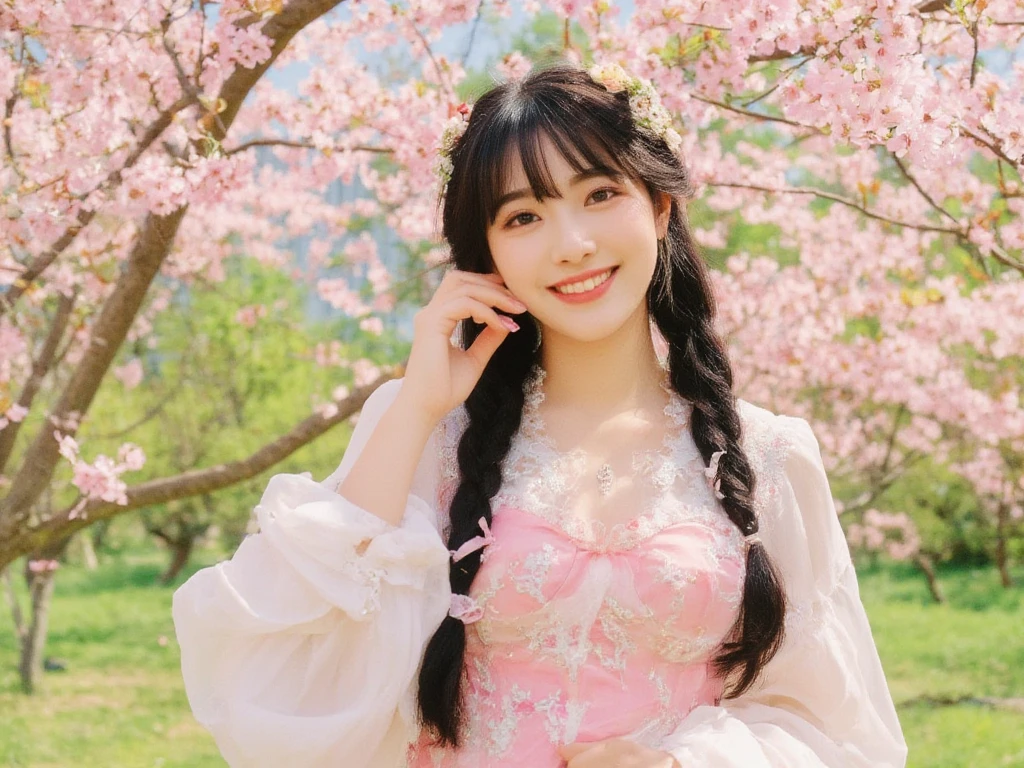 A naked girl with a cute face like an 18-year-old idol who is 150 cm tall and looks 12 years old.、A mother wearing a dress, aged 34 and 170 cm Small bust A park with cherry blossoms Raw photo genuine live-action High definition