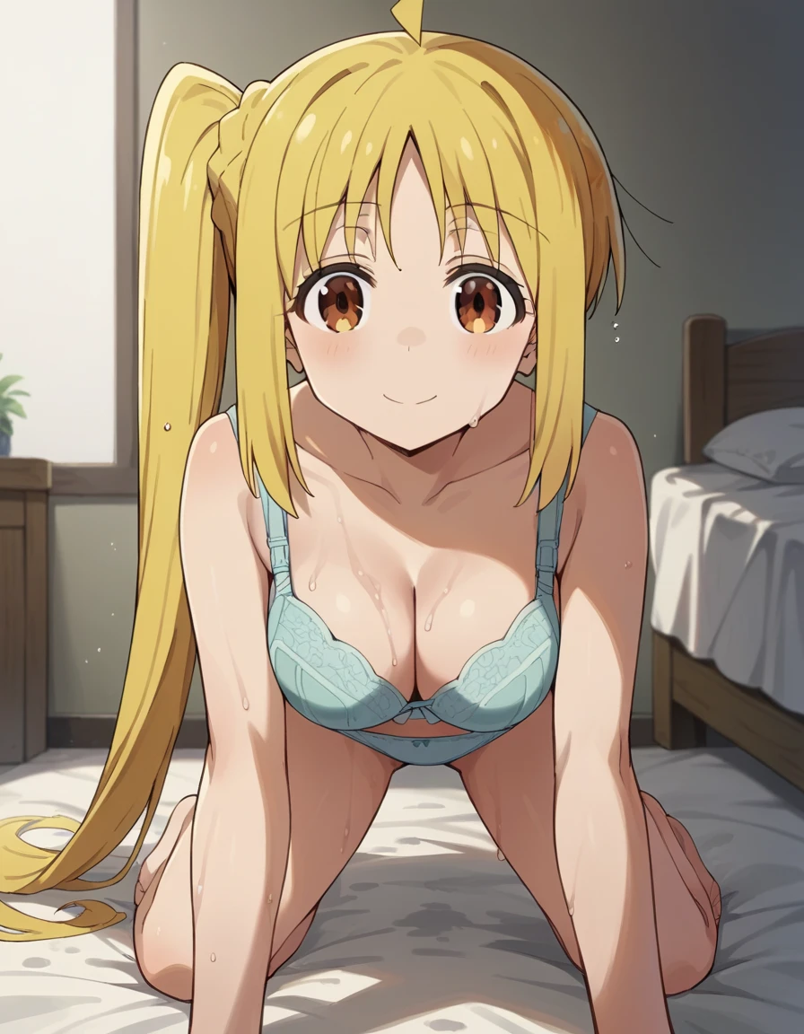 score_9, score_8_up, score_7_up, source_anime, nijika ijichi, ahoge, yellow hair, brown eyes, long hair, side ponytail,, ,,,, indoor, bed, (bra:1.4),(panties:1.4) , cleavage, looking at viewer, crawl on all fours,, cowboy shot, smile, wet body
