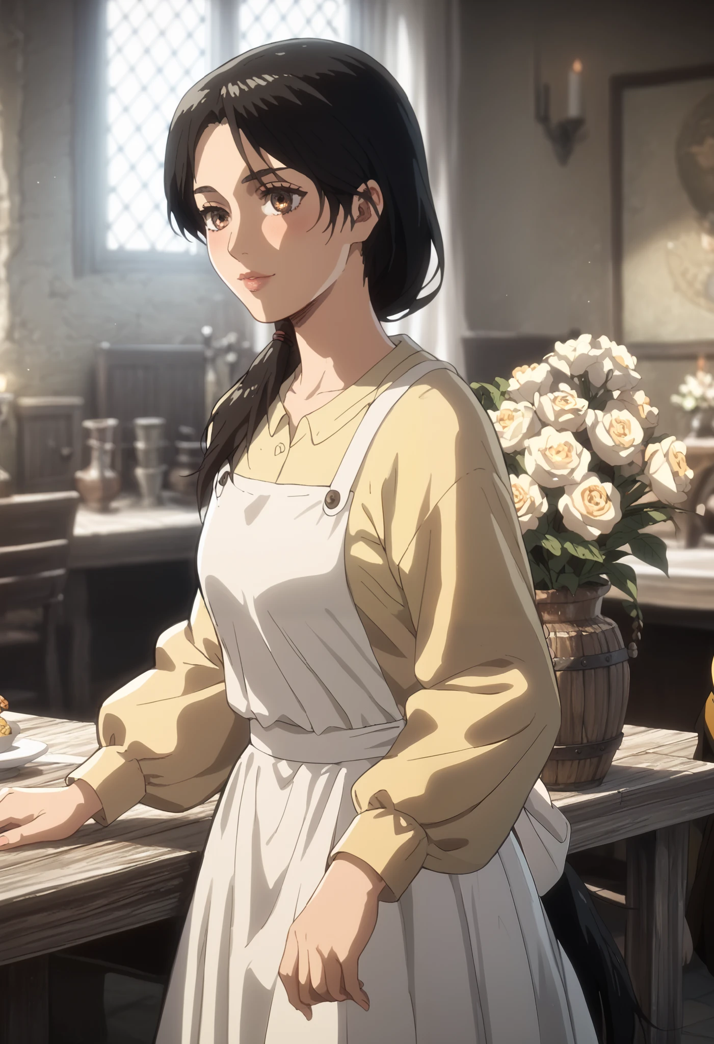 ( person ， Carla Yeager，)，( top quality, masterpiece, 8k:1.2),  rating Explicit,  1 girl,   heterosexual lover, high definition， very aesthetic， with glossy skin， Beautiful Eyes， beautiful body， brown eyes， black hair，loose side tail，low ponytail， Yellow Long Sleeve Y Shirt ，white apron without frills， Long Skirt， Medieval Europe，