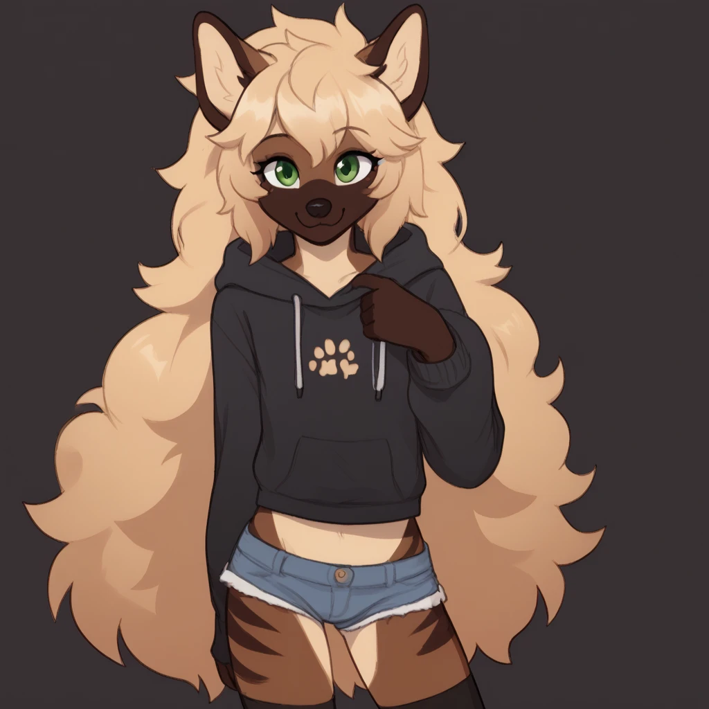 1Girl, furry red hyena, blonde hair, 80s hair, poufy hair, big hair, yellow curvy slim body, femboy, cute, hoodie, shorts, smile, simple background, dark background