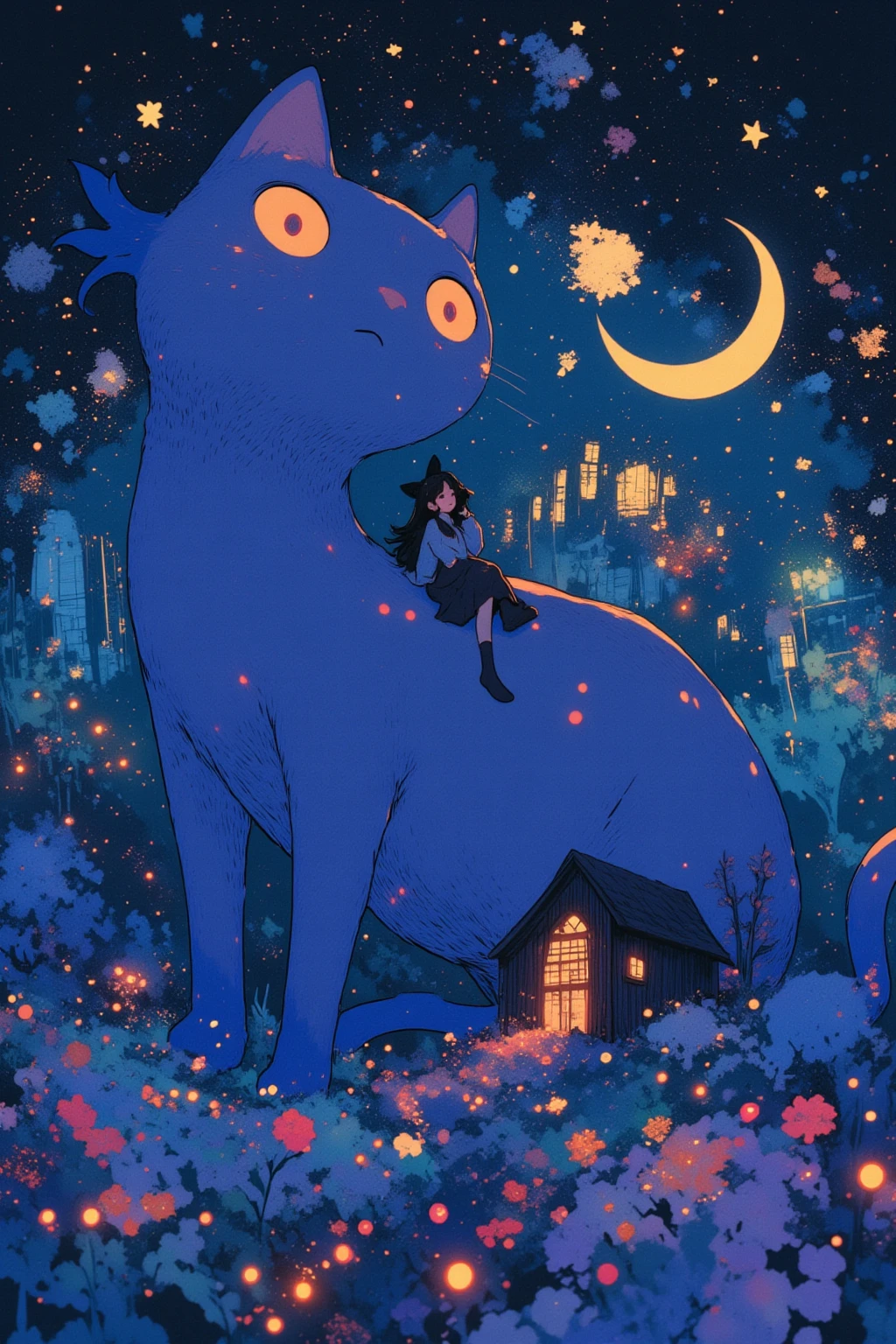  There is a picture of a girl sitting on the back of a giant  cat, On a Violet-Blue Crescent Night , An elaborate painting inspired by Paul Ranson , polycount,   naive art ,  Additional Details ,  graphic details , Stylized Paintings , Detail shot, fake hidden detail,  mythical flower hill , Blurred、 dreamy illustration ,  middle close-up ,  middle close-up  shot,cabin