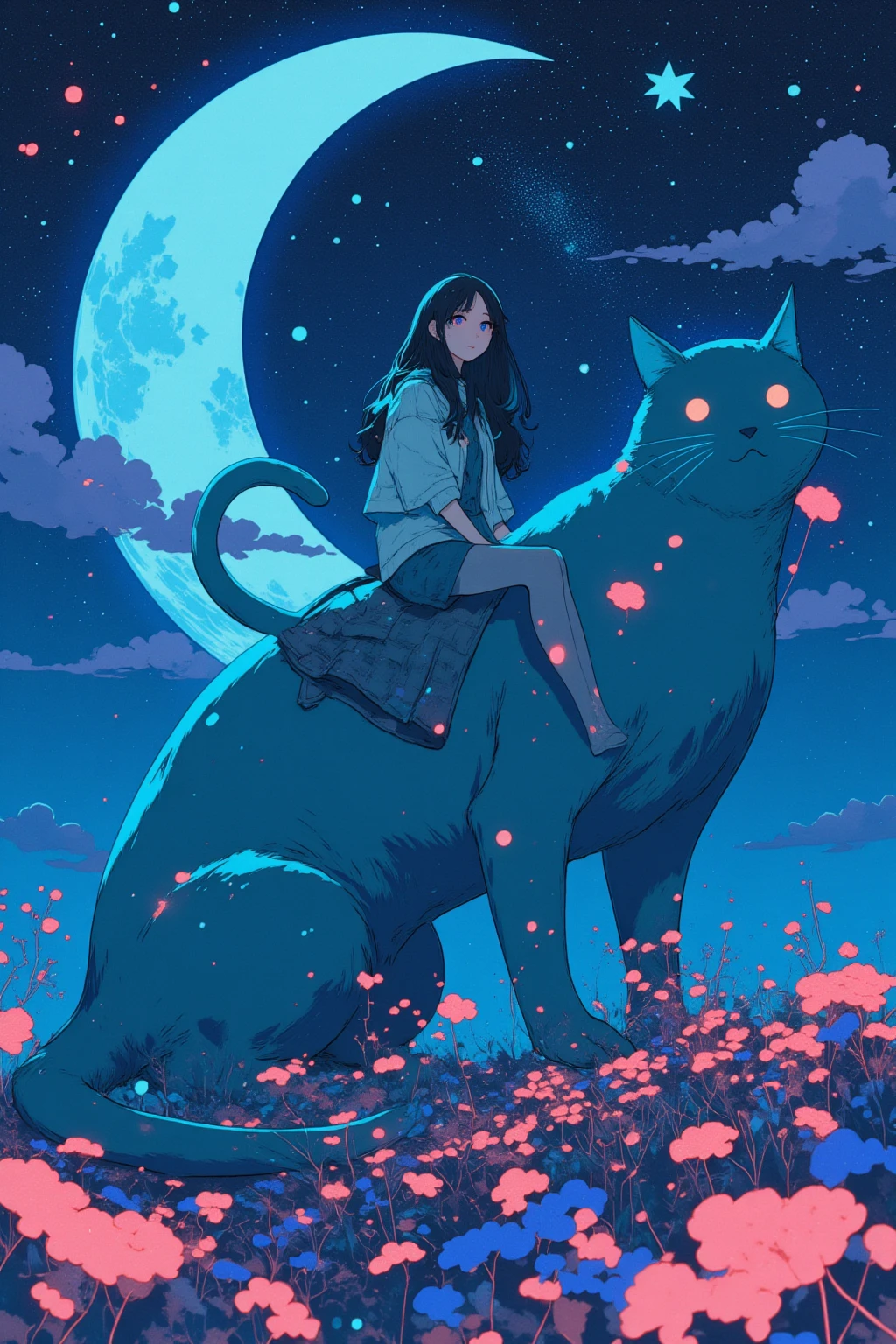  There is a picture of a girl sitting on the back of a giant  cat, On a Violet-Blue Crescent Night , An elaborate painting inspired by Paul Ranson , polycount,   naive art ,  Additional Details ,  graphic details , Stylized Paintings , Detail shot, fake hidden detail,  mythical flower hill , Blurred、 dreamy illustration ,  middle close-up ,  middle close-up  shot,cabin