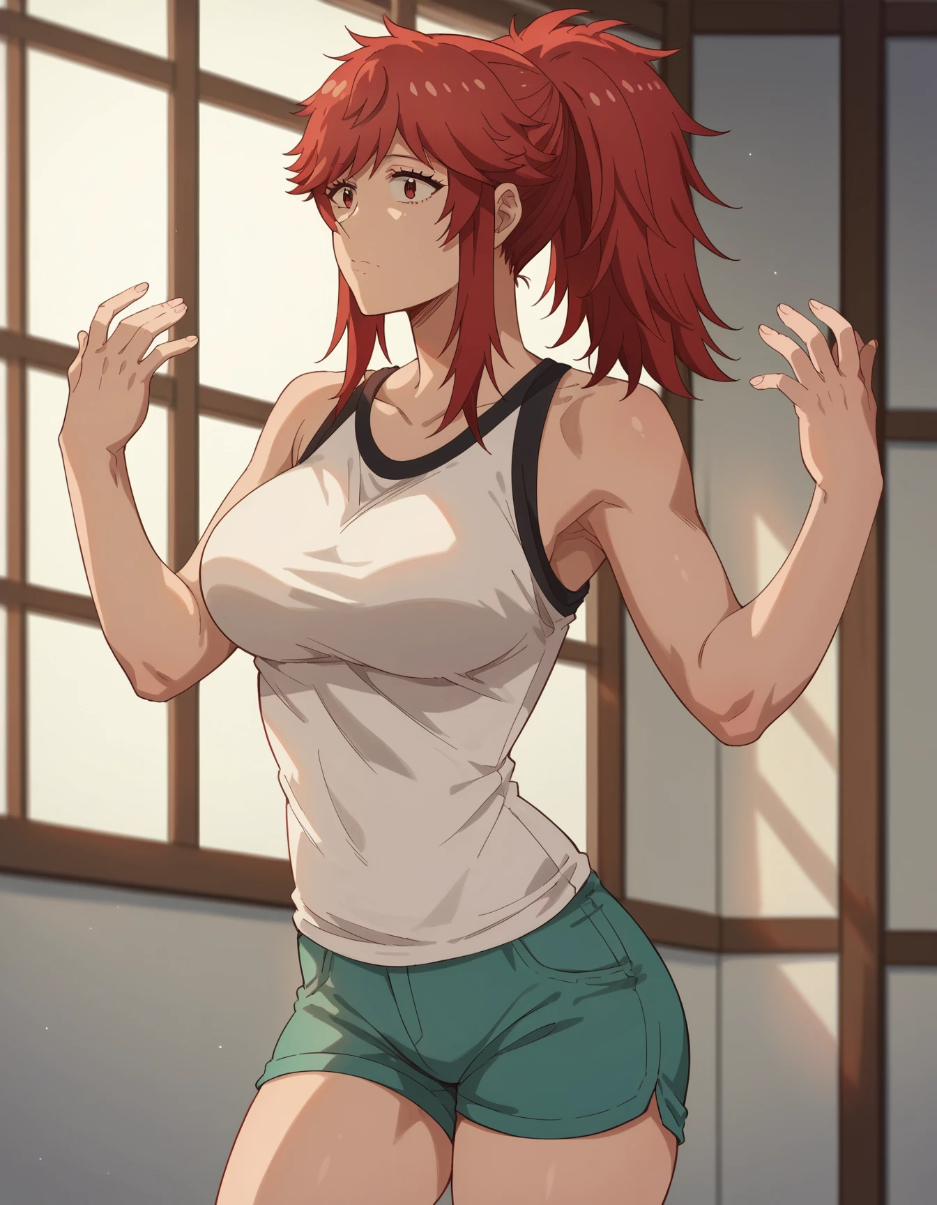 score_9, score_8_up, score_7_up,  source _anime,  akemi aizawa , red eyes, red hair, medium hair, ponytail,  sleeveless shirt bare arms hands up armpits visible big breasts neckline, Down she wears a short leggings shorts version High resolution ,  masterpiece,  Precise,  high quality, 