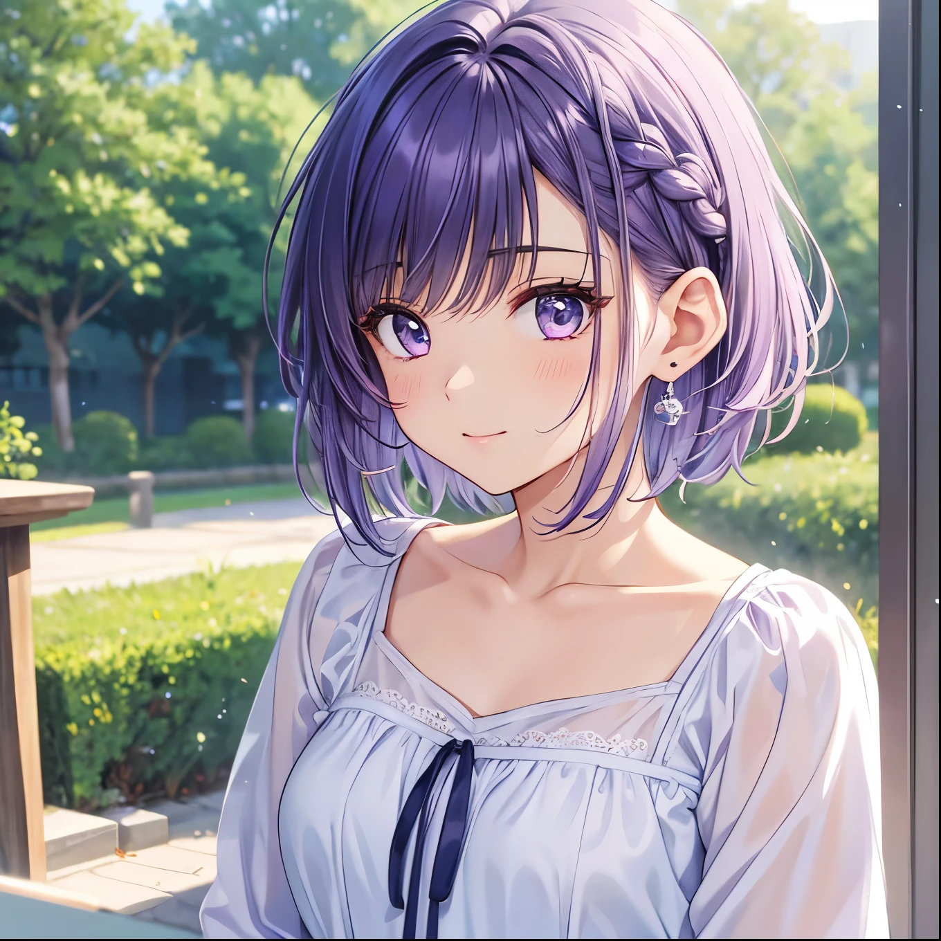 、10th Generation、Light purple hair color 、 short wolf hair 、Complicated hairstyle( braided )、Earrings、Cute clothes、 fantastic background