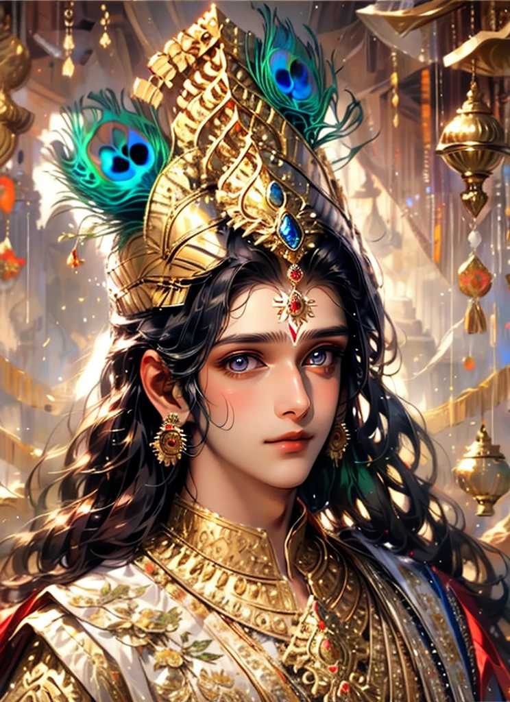 This is a dreamy and ethereal image. Lord Krishna with beautifully detailed and realistic eyes. Include ink drips, peacock feathers and fairy lights. The colors used should be soft and pastel except for his eyes, which should be bold and realistically shaded. Include luminous, glitter, shimmer, and intricate detailing. This is a high quality image from world-class artist agnes cecile. ((masterpiece))closeup shot