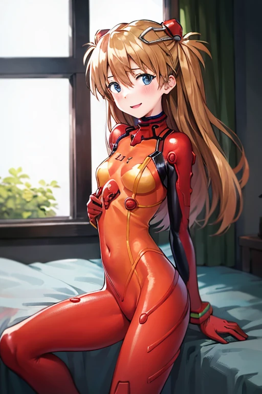 (( top quality)), ((masterpiece)), (be familiar with),  Perfect Face, indoor, bedroom,  Watching Viewers ,
One woman,  Soryu Asuka Langley,
開いた口,  ecstatic expression beside the piano, blush, smile,
 small tits,  flat chest, Young girl, Lori,  s,  girl,
 long hair,  two side up,
Leg spread,