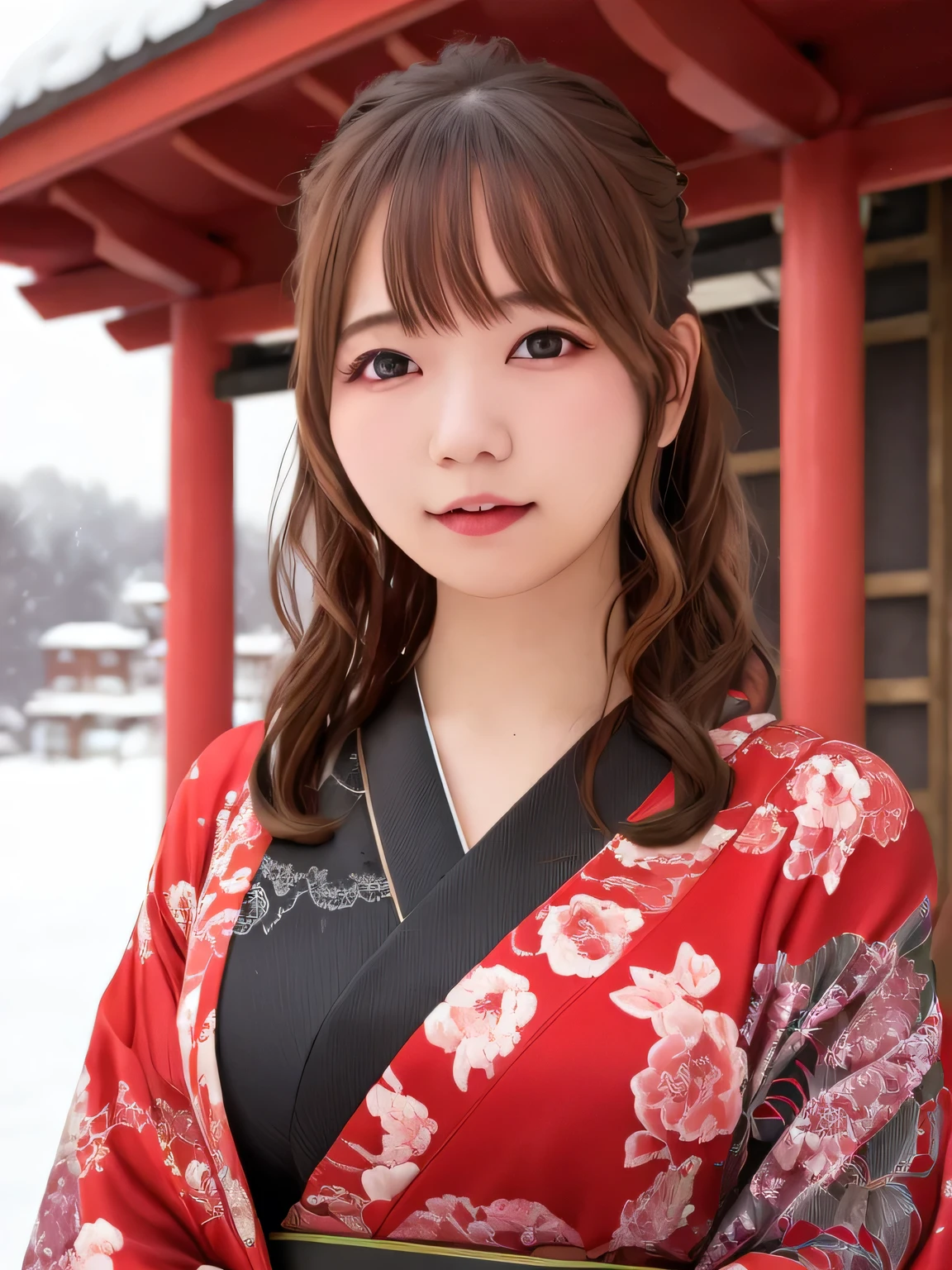 A breathtakingly beautiful 18-year-old woman with a slender physique, dressed in an elegant black and red kimono suitable for the Japanese New Year. She stands against the serene backdrop of a New Year's sunrise, featuring a traditional Japanese shrine, snow-covered grounds, and vibrant red camellias in bloom. Her gentle smile and friendly expression harmonize with the peaceful atmosphere of the snowy morning. (RAW photo, top quality, realistic, photo-realistic:1.4), (masterpiece, extremely detailed, 2k wallpaper), (Ultra Details, high res, soft light, cinematic lighting), (perfect anatomy, slender body), (extremely detailed eyes and face, beautiful nose, beautiful eyes). 