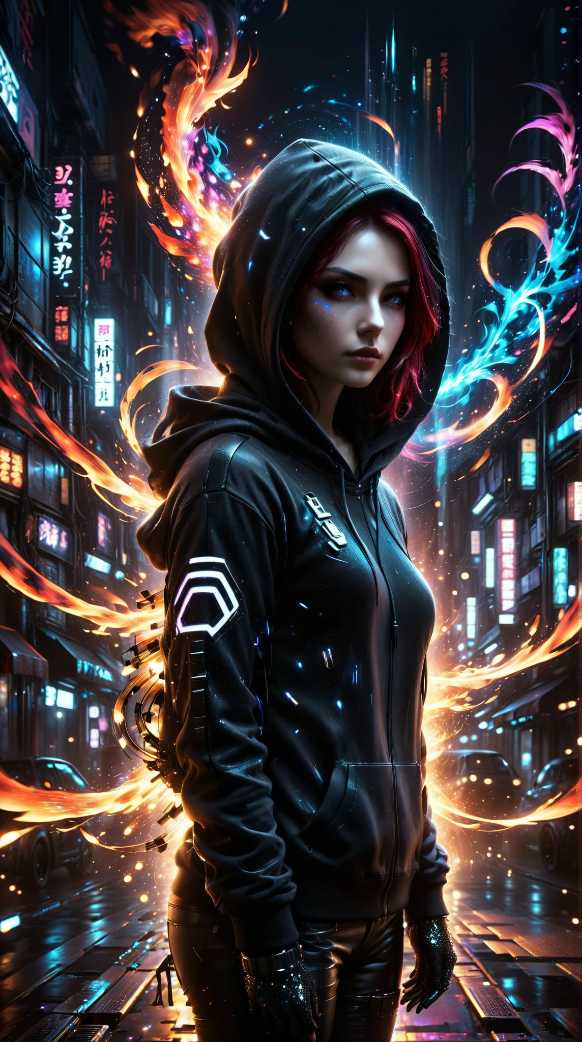  based on the core cyberpunk style of the night ， A woman in a black and white hoodie ，glare，Sparkling eyes of fire ， with crimson gloves ， draws inspiration from Artur Schiznavsky-Weiss and anime。 presents a unique and memorable character 。Aspect ratio 9:16，Quality 2，Size 750，Version 5.2。