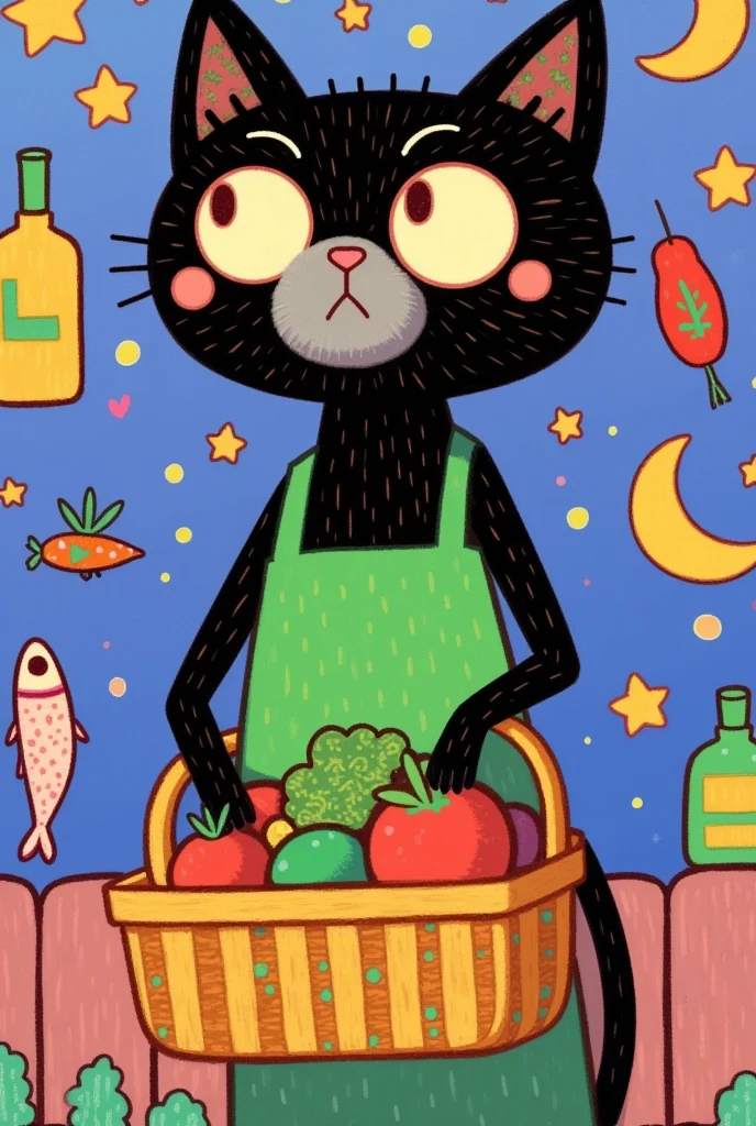    a black cat ， two legs larger than a human  \ girl,    wearing a green apron   ,   gray fur from nose to stomach  , gray mouth  ,   with droopy ears ,  outward ears   ,   poor eyesight  ,   Charming face , :3,   I have a shopping basket 、 I have vegetables and fish in my hands , I 