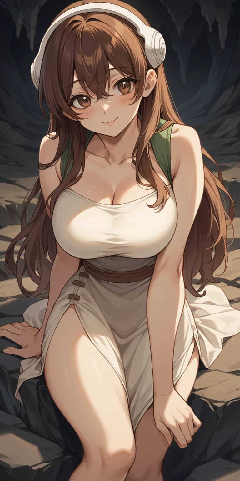 score_9, score_8_up, score_7_up, source_anime, yuzurikha ,  long hair, bang,  brown hair ,  brown eye , bare side, bare legs,  bare shoulders are visible,  headphones, ( huge breasts:0.8),( huge hips :0.6),  open shoulders , clavicle, shoulder,  vest ,  beige bandeau dress,  side cut,  very seductive position , on the rocks ,  next to the cave , dark sky, smile,  style to blush,  looks at the viewer, One,