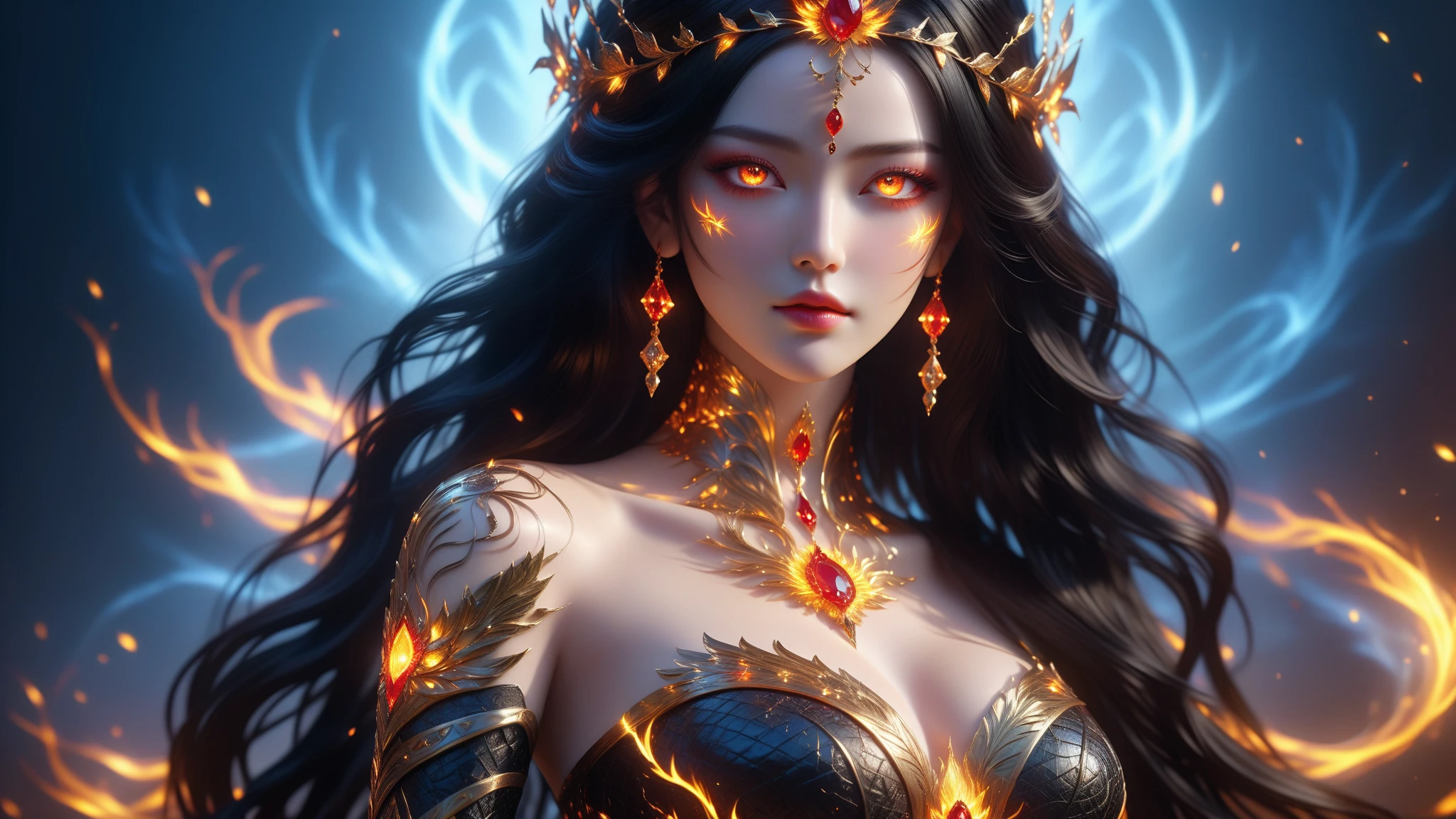 Chinese style, Chinese style, goddess, beautiful goddess, cold eyes, surrounded by flames, thousands of miles of red ground under the feet, mythological scenes, the highest picture quality, details optimization