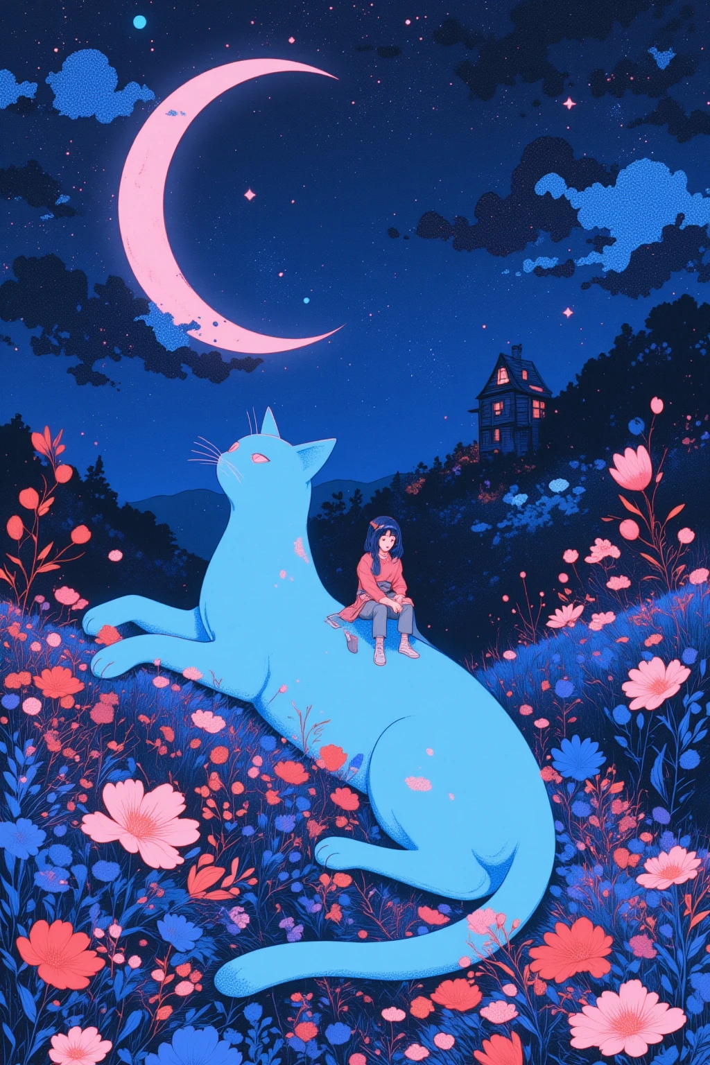  There is a picture of a girl sitting on the back of a giant  cat, On a Violet-Blue Crescent Night , An elaborate painting inspired by Paul Ranson , polycount,   naive art ,  Additional Details ,  graphic details , Stylized Paintings , Detail shot, fake hidden detail,  mythical flower hill , Blurred、 dreamy illustration ,  middle close-up ,  middle close-up  shot,cabin