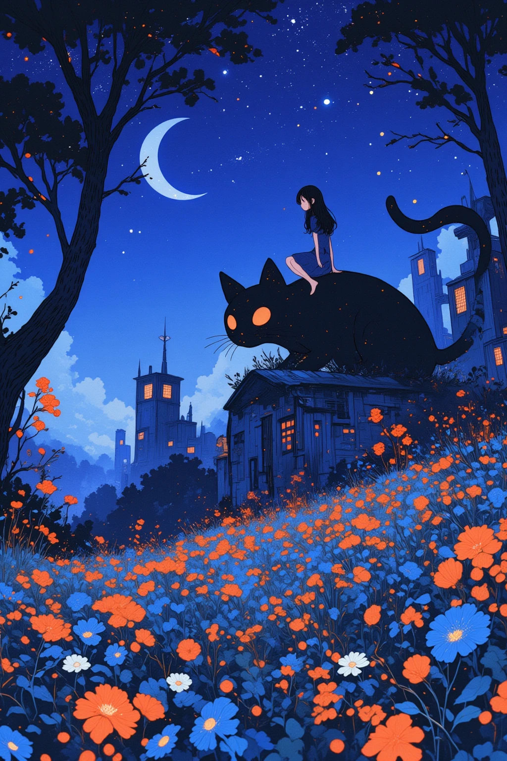  There is a picture of a girl sitting on the back of a giant ghost cat, On a Violet-Blue Crescent Night , An elaborate painting inspired by Paul Ranson , polycount,   naive art ,  Additional Details ,  graphic details , Stylized Paintings , Detail shot, fake hidden detail,  mythical flower hill , Blurred、 dreamy illustration ,  middle close-up ,  middle close-up  shot,cabin