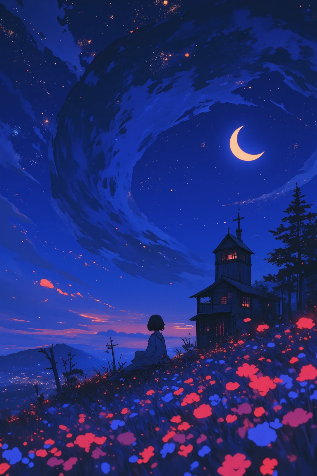  There is a picture of a girl sitting on the back of a giant ghost cat, On a Violet-Blue Crescent Night , An elaborate painting inspired by Paul Ranson , polycount,   naive art ,  Additional Details ,  graphic details , Stylized Paintings , Detail shot, fake hidden detail,  mythical flower hill , Blurred、 dreamy illustration ,  middle close-up ,  middle close-up  shot,cabin