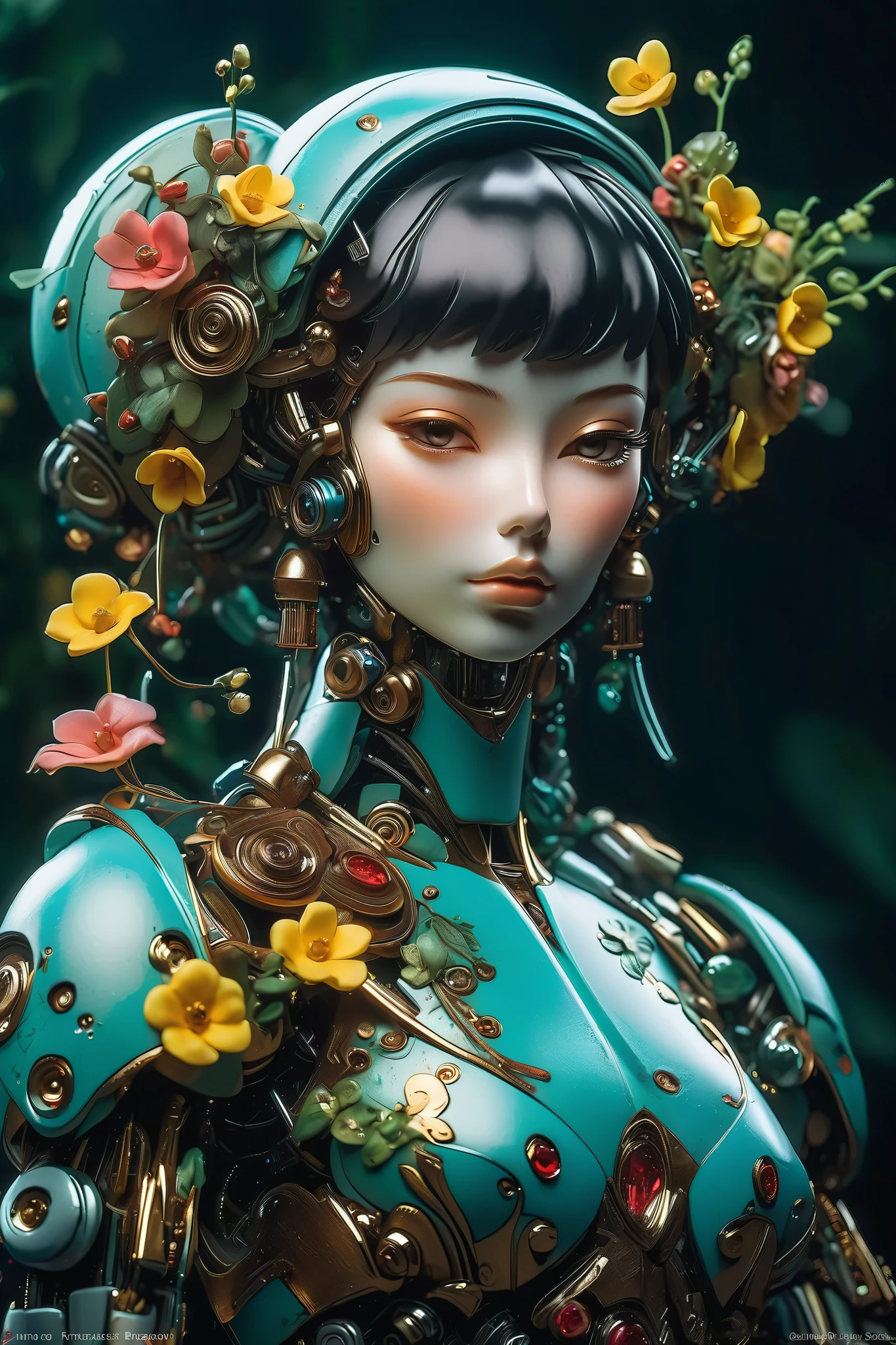 (masterpeace), ((super real photography: 1.5)), ((photo realistic: 1.3)), (real photo),
young girl with a lot of flowers, ((A young girl robot: 1.5)), (bust statue: 1.3),
BREAK
headgear, ((real crystal skin)), ((beautiful face: 1.5)), ((Super cute: 1.5)), ((babyface: 1.5)), ((well-balanced face)), (half-closed eyes: 1.5), longeyelashes, stunning big eyes, luscious glossy lips, ((blunt bangs: 1.5)), (long hair),
BREAK
(slender body: 1.3), petite bust, flower bloom, (flowers: 1.5),
BREAK
octane rendering, Super Detailed armor,
BREAK
(simple background: 1.3), ((bust shot: 1.3)), cinema quality, professional photograph, (photo studio: 1.5), (Bright Light: 1.2), Eye-Level Shot, wide lens, (fujifilm 35mm), (film photo), RAW, Excessive Embellishment, UHD,
BREAK
anatomically correct, textured skin, best quality, 8k
