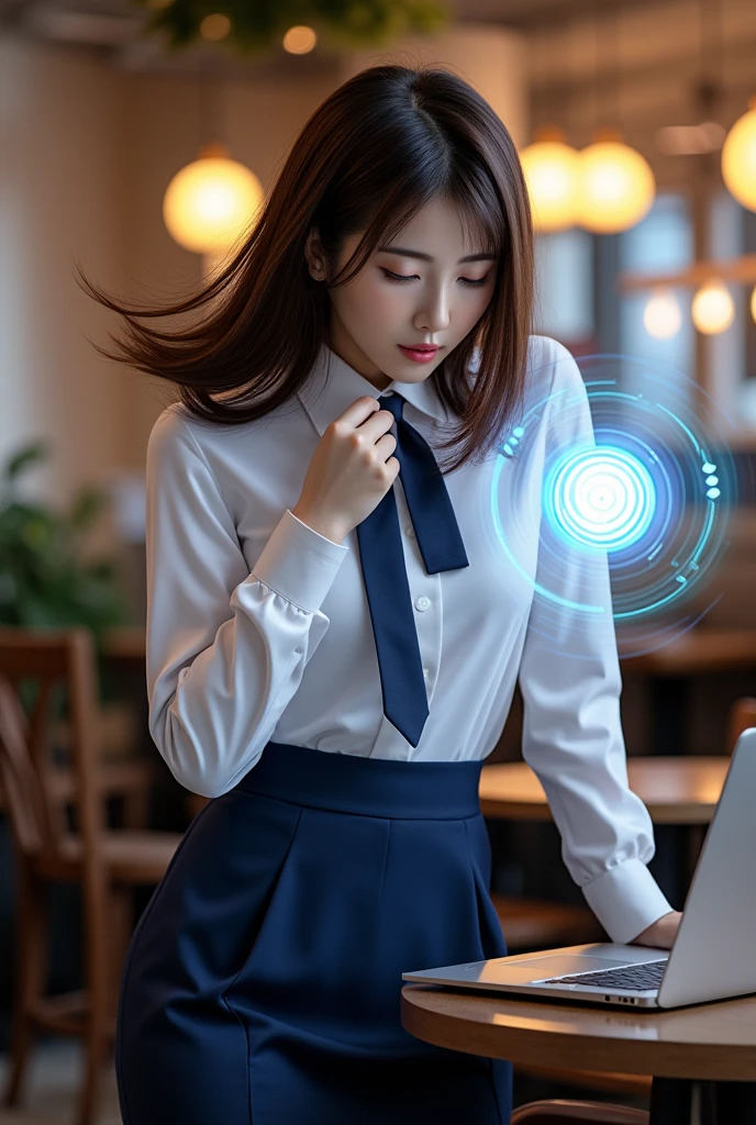 (detailed), female teen idol in an office uniform demonstrating water filter. cinematic background. epic background. in the concert stage. in the concert stage. holding water filter, multicolored hair, bangs, crazy eyes, demon horns, heart-shaped pupils, evil smile, naughty face, ahegao, lens flare, close-up, cowboy shot, ((best quality)), ((masterpiece))