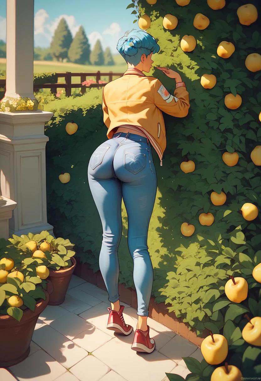 Attractive back view，Blue skinny denim hot pants，Long legs，Jacket top，Fat Ass，Leg length，Wide and large，The body is a little thick，Pear-shaped body，Fine weather，in the garden