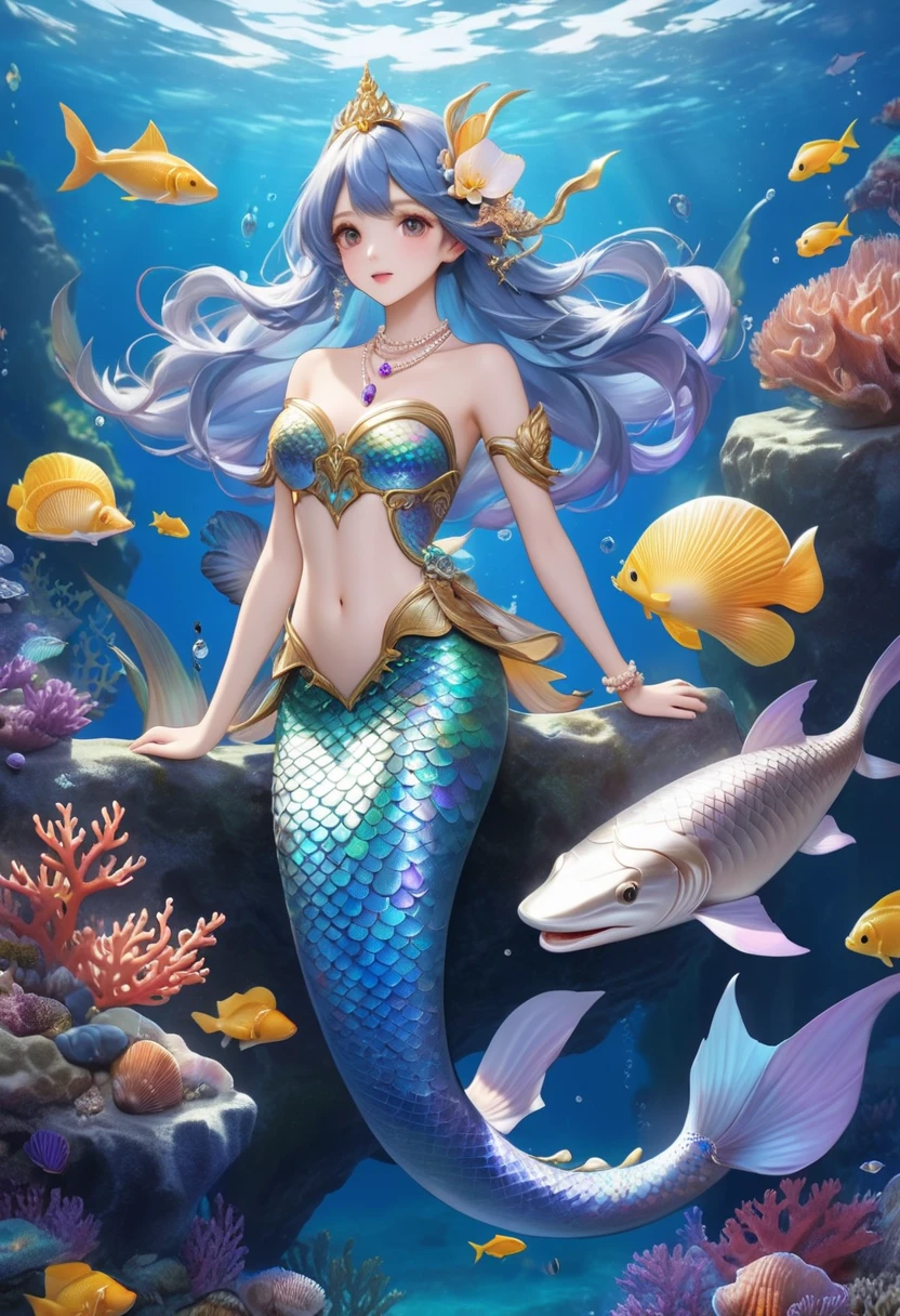 a high-tech mermaid spaceship, a crew of beautiful merpeople, coral and kelp accents, ultra-detailed, hyper realistic, 8k, photorealistic, dynamic lighting, dramatic lighting, cinematic, volumetric fog, glowing bioluminescent elements, intricate mechanical details, advanced holographic interfaces, seamless integration of organic and inorganic elements, ethereal and otherworldly atmosphere, vibrant colors, deep ocean tones, shimmering scales, graceful mermaid figures, flowing hair and fins, serene and awe-inspiring a beautiful mermaid princess, (malaysian, age 25, busty, broad hips, ornate hair, sea creature bikini, long colorful hair, big eyes, very fishlike below the waist) the princess is in a power position next to the captain of the ship
