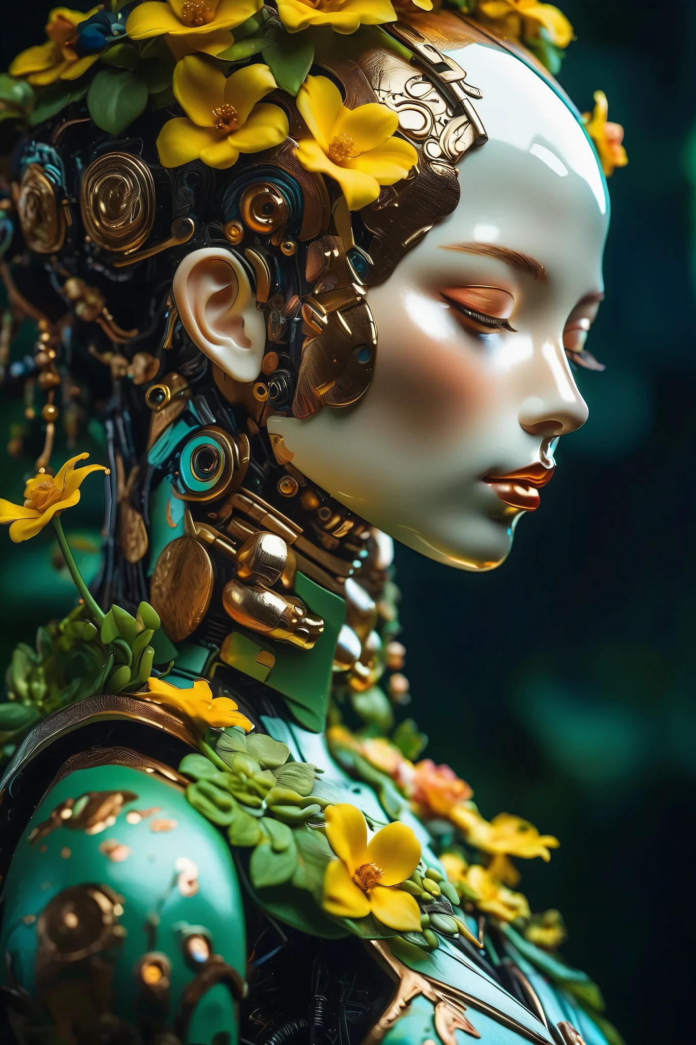 (masterpeace), ((super real photography: 1.5)), ((photo realistic: 1.3)), (real photo),
young girl with a lot of flowers, ((A young girl robot: 1.5)), (bust statue: 1.3),
BREAK
headgear, ((real crystal skin)), ((beautiful face: 1.5)), ((Super cute: 1.5)), ((babyface: 1.5)), ((well-balanced face)), (half-closed eyes: 1.5), longeyelashes, stunning big eyes, luscious glossy lips, ((blunt bangs: 1.5)), (long hair),
BREAK
(slender body: 1.3), petite bust, flower bloom, (flowers: 1.5),
BREAK
octane rendering, Super Detailed armor,
BREAK
(simple background: 1.3), ((bust shot: 1.3)), cinema quality, professional photograph, (photo studio: 1.5), (Bright Light: 1.2), Eye-Level Shot, wide lens, (fujifilm 35mm), (film photo), RAW, Excessive Embellishment, UHD,
BREAK
anatomically correct, textured skin, best quality, 8k