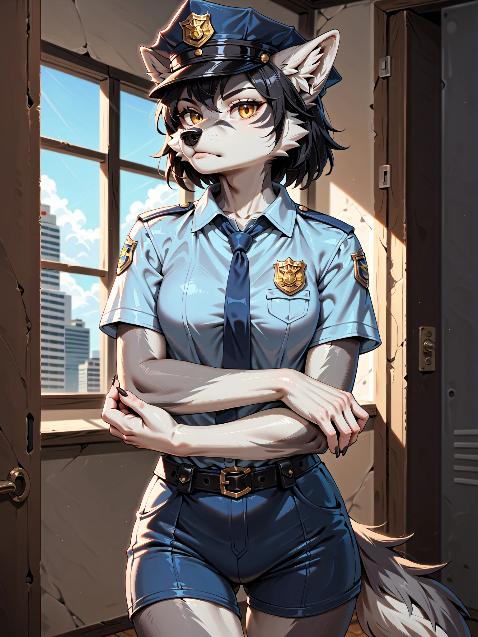 score_9, score_8_up, score_7_up, score_6_up, score_5_up, score_4_up, (detailed face and eyes:1.25), (1 female wolf anthro:1.75), (short hair, black hair, silver fur, gold eyes:1.25), (furry limbs), (realistic), (adult, beautiful, cool, boyish face, confident:1.25), (tall, long muzzle:1.2), (in interrogation room, interrogating viewer:1.5), (police cap, short sleeve shirt, short pants, police uniform:1.35), (closed mouth, serious, crossed arms:1.15), (cowboy shot), (PonyScores)