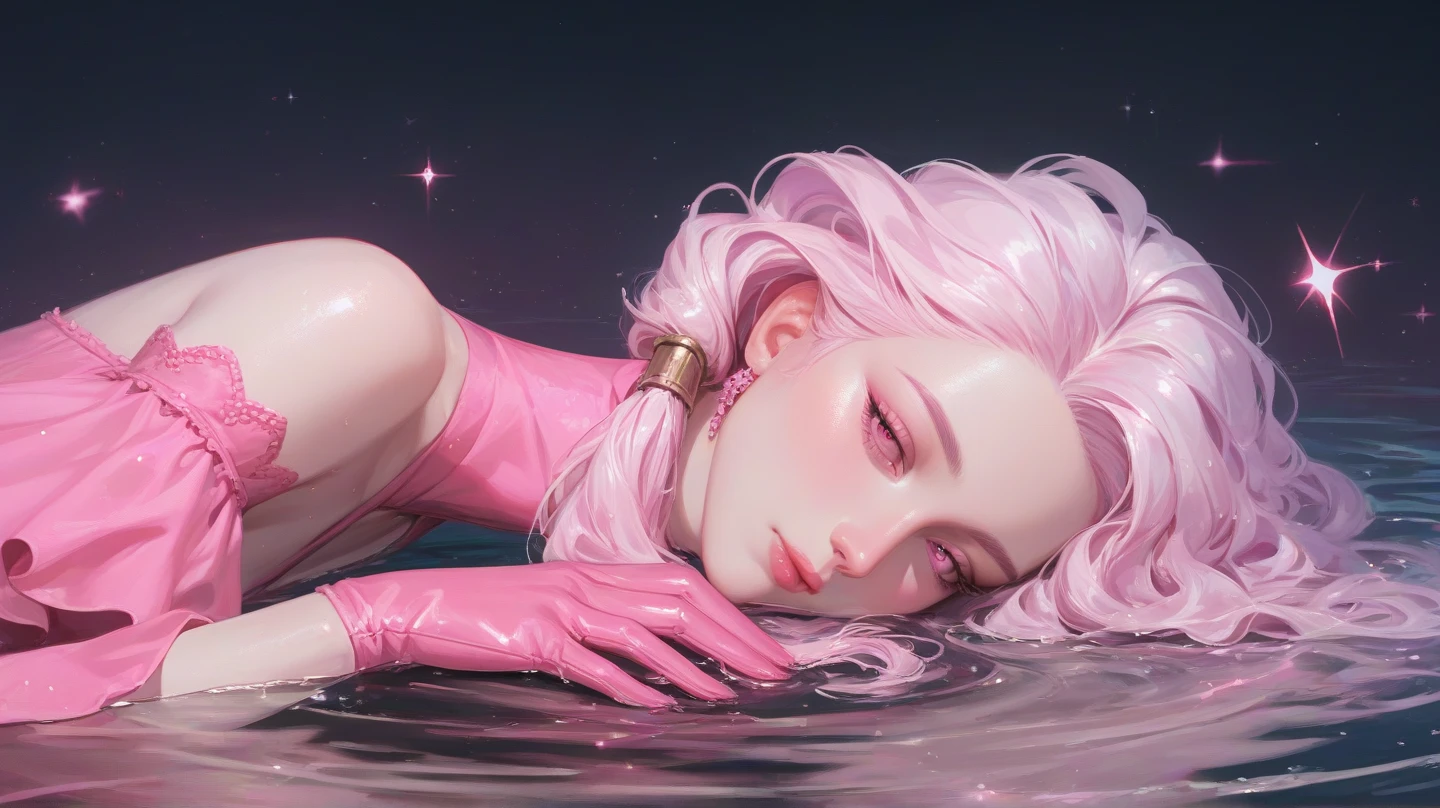 solo, upper body, laying on stomach, look at viewer, female focus, 1girl, mature, pale skin, white short hair, short bangs, long locks, wavy hair, half-closed eyes, pink eyes, long lower eyelashes, closed mouth, expressionless, long pink dress, voluminous dress, long pink gloves up, pink light, pink glow, dark background, sparkles, laying in water