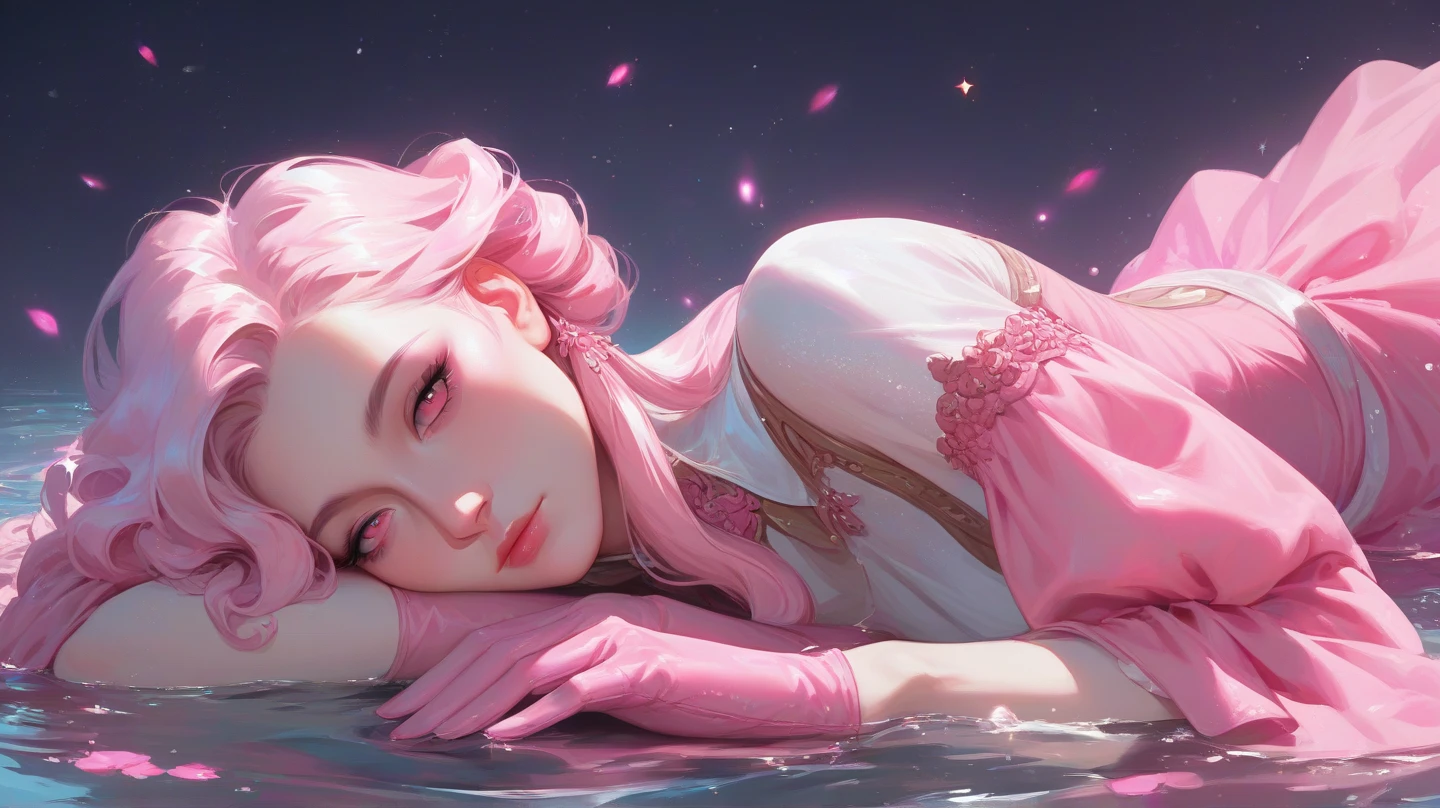 solo, upper body, laying on stomach, look at viewer, female focus, 1girl, mature, pale skin, white short hair, short bangs, long locks, wavy hair, half-closed eyes, pink eyes, long lower eyelashes, closed mouth, expressionless, long pink dress, voluminous dress, long pink gloves up, pink light, pink glow, dark background, sparkles, laying in water