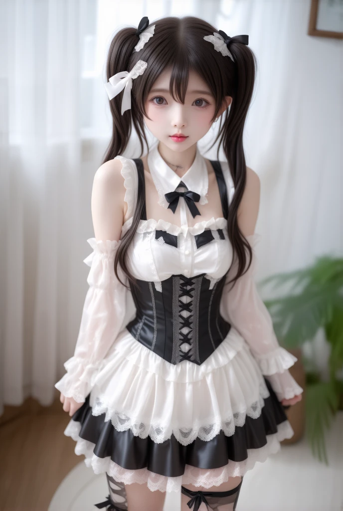 twintails, Japanese cute little loli,, small body (bodily fluids) orgasm (masturbated), bright eyes (wearing gothic_lolita,,),, huge breasts