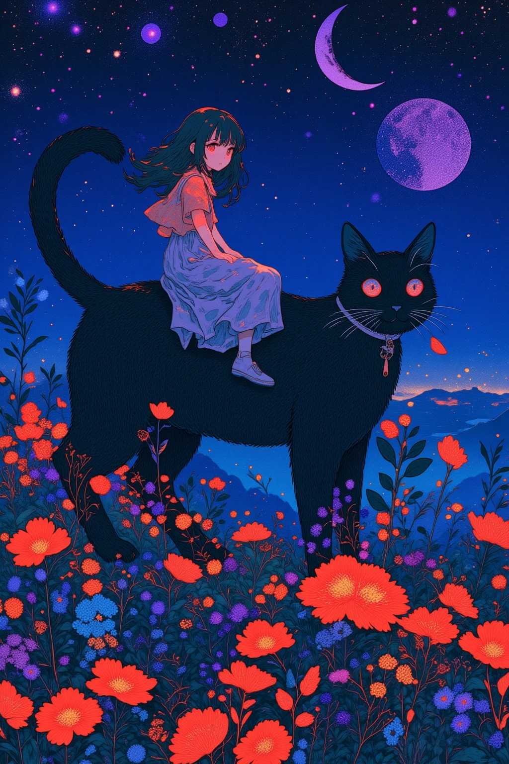  There is a picture of a girl sitting on the back of a giant  cat, On a Violet-Blue Crescent Night , An elaborate painting inspired by Paul Ranson , polycount,   naive art ,  Additional Details ,  graphic details , Stylized Paintings , Detail shot, fake hidden detail,  mythical flower hill , Blurred、 dreamy illustration ,  middle close-up ,  middle close-up  shot,cabin