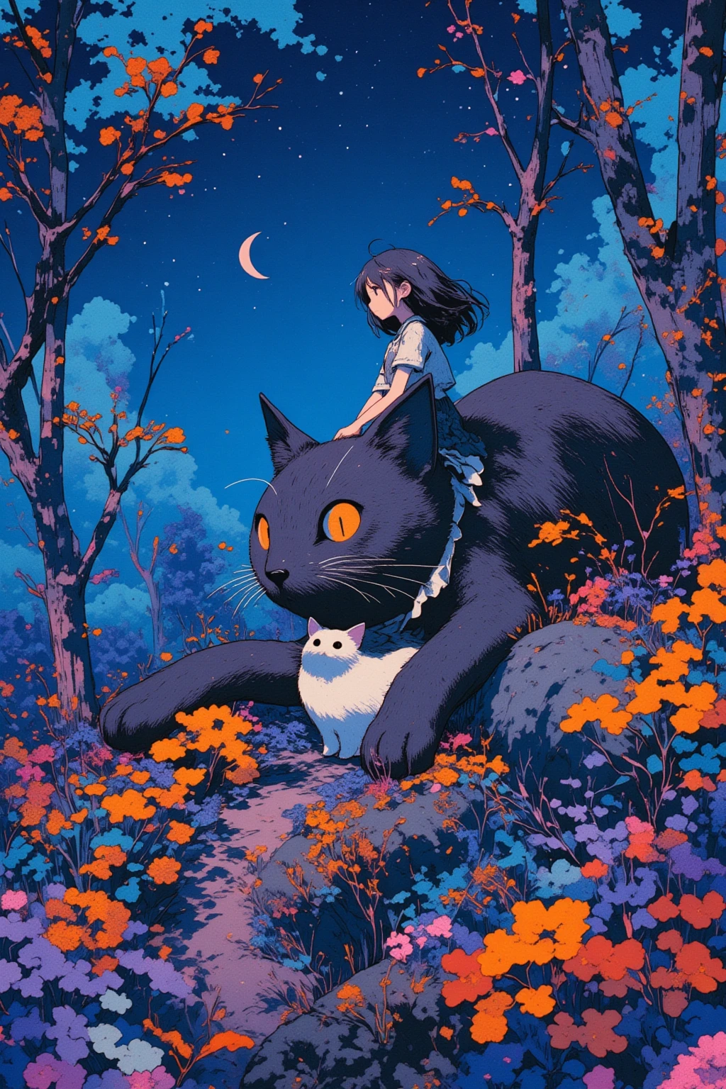  There is a picture of a girl sitting on the back of a giant  cat, On a Violet-Blue Crescent Night , An elaborate painting inspired by Paul Ranson , polycount,   naive art ,  Additional Details ,  graphic details , Stylized Paintings , Detail shot, fake hidden detail,  mythical flower hill , Blurred、 dreamy illustration ,  middle close-up ,  middle close-up  shot,cabin