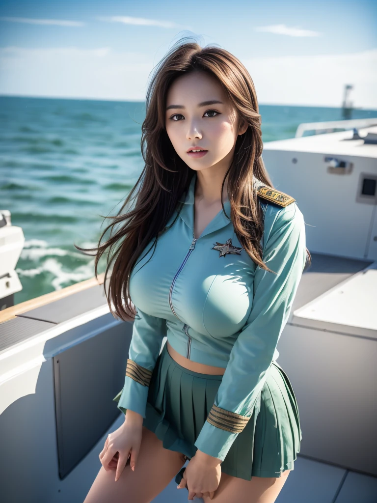 Highly detailed CG Unity 16K wallpaper,  masterpiece、 best quality、With the highest quality, super detailed, Master Piece, Realistic, photograph realistic, extremely detailed cute girl,  Japanese Goddesses 、Korean Goddess、35years old, ((((brown  long hair ))))、 hair swaying in the wind 、((((low angle)))) , (( sexy poses ))、 ((Japan Maritime Self-Defense Force dark green uniform、 Knee-length skirt )) ,  blush , Round eyes, Chubby, looking viewer, cowboy shot , ((( looking at the ocean from the roof of a ship,Standing on the roof of a ship))),   the sun shines outdoors 、The wind blows outdoors 、 watching the ocean from the outside 、Irido clouds can be seen in the blue sky 、 sunlight illuminates the clouds、Sunlight shines on a woman、 (( Japan Maritime Self-Defense Force  dark green uniform、 Knee-length skirt )) ,  ( Lace Underwear with Realistic Details ) 、(( Top Quality White Lace Panties )),   、((Masterpiece White Lace Panties )), cleavage、G cup big breasts、 ((Japan Maritime Self-Defense Force dark green uniform、 Knee-length skirt ))、 dark green uniform、Big Breasts、G cup big boobs、Close the uniform button、((Japan Maritime Self-Defense Force  dark green  uniform、 Knee-length skirt ))、 dark green uniform、 Big Breasts、G cup big breasts、((Japan Maritime Self-Defense Force dark green uniform、 Knee-length skirt ))、 dark green  uniform、Big Breasts、G cup big boobs、Fully button the shirt 、Fully close the jacket button 、Fully zip the jacket、、Fully button the shirt 、Fully close the jacket button 、Fully zip the jacket、 I'm wearing a knee-length skirt、((((low angle))))