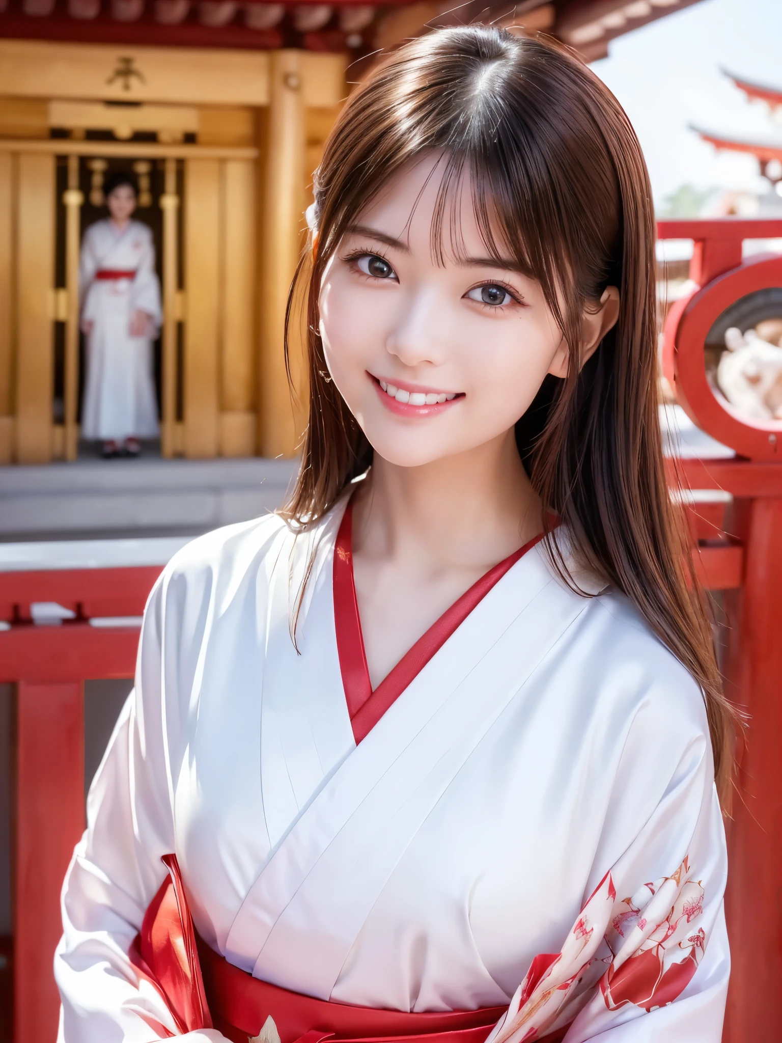 ( face close-up:1.2)、 top quality、 ultra high definition、(Photographically: 1.3)、 beautiful eyes、 very beautiful、 shiny hair 、Mature and elegant、(smile、smile:1.4)、(kawaii miko girl, wearing japanese white clothes,red hakama, in a Japanese shrine, 45 angle by krenz cushart and Mucha, golden hour lighting, strong rim light, intense shadows)