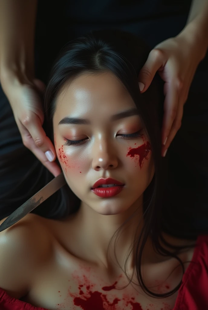 Human head being traded in a traditional market, on a top of table, human trafficking, bleeding, woman's head, agehao face, ((eyes closed)), bleeding, photorealistic, 4K, Nikon, horror, public market backgound, beautiful asian face, Crazy, horror, 17-year-old woman, naked with an apron full of blood, is behind a seated, bloody  woman. The man has a machete, hyper realistic, realistic