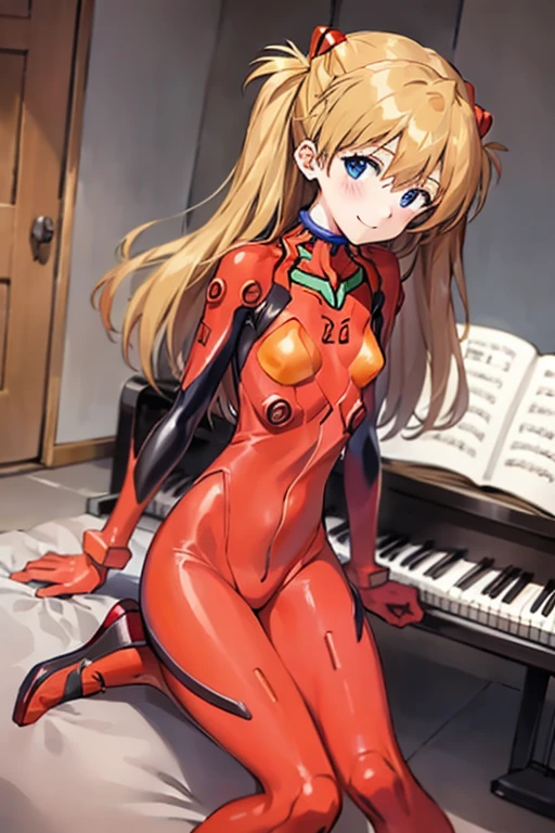 (( top quality)), ((masterpiece)), (be familiar with),  Perfect Face, indoor, bedroom,  Watching Viewers ,
One woman,  Soryu Asuka Langley,
開いた口,  ecstatic expression beside the piano, blush, smile,
 small tits,  flat chest, Young girl, Lori,  s,  girl,
 long hair,  two side up,
Leg spread,