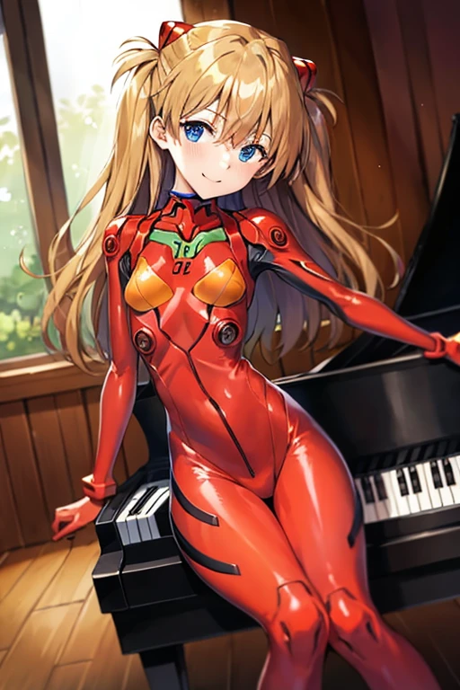 (( top quality)), ((masterpiece)), (be familiar with),  Perfect Face, indoor, bedroom,  Watching Viewers ,
One woman,  Soryu Asuka Langley,
開いた口,  ecstatic expression beside the piano, blush, smile,
 small tits,  flat chest, Young girl, Lori,  s,  girl,
 long hair,  two side up,
Leg spread,