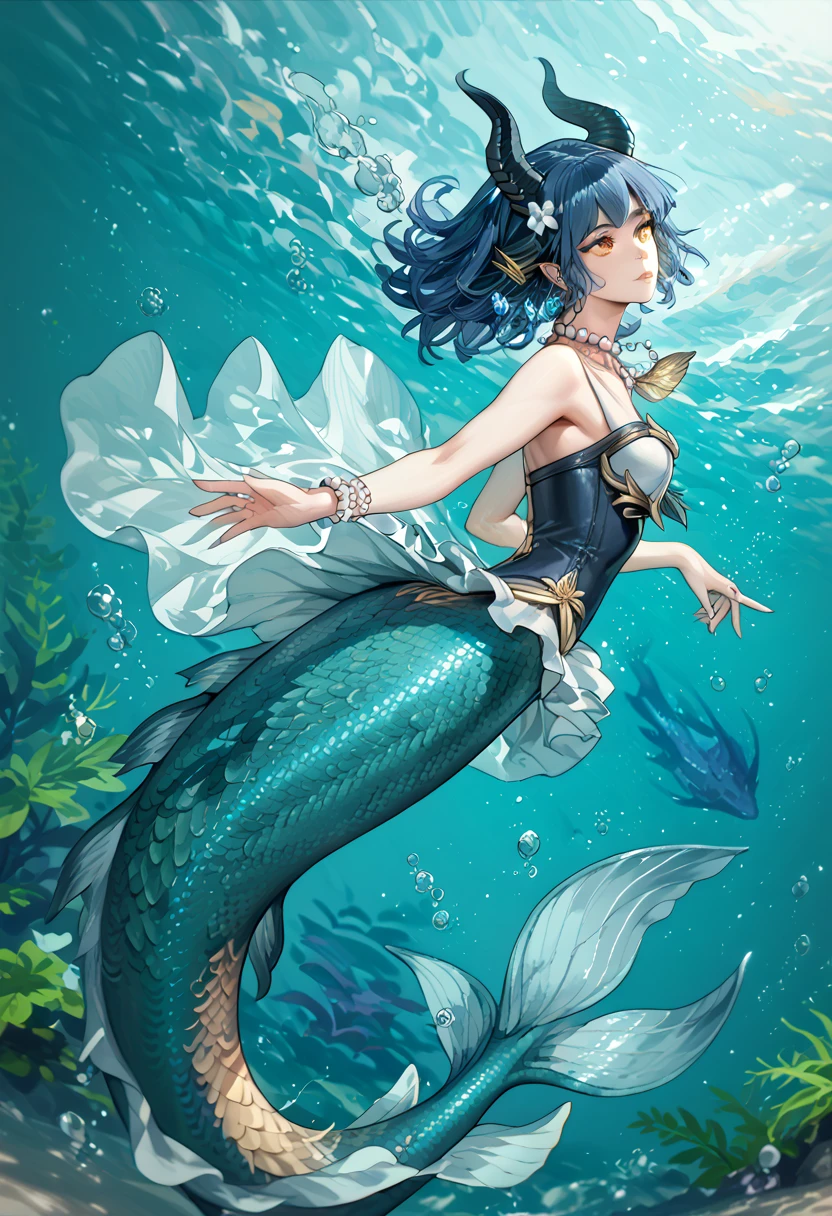 Mermaid swimming gracefully in the sea, Blue scales, The area below the shoulder is covered with fine scales., silber hair, Earlobes are fins, A scale arm covering that sticks to the skin, elegantly spread caudal fin,