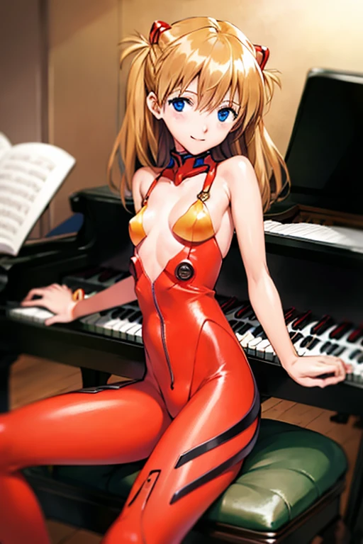 (( top quality)), ((masterpiece)), (be familiar with),  Perfect Face, indoor, bedroom,  Watching Viewers ,
One woman,  Soryu Asuka Langley,
開いた口,  ecstatic expression beside the piano, blush, smile,
 small tits,  flat chest, Young girl, Lori,  s,  girl,
 long hair,  two side up,
Leg spread,