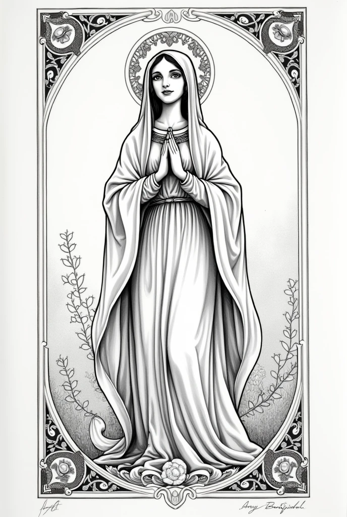I want to get a tattoo style "fine line" of the Virgin of Coromoto. make me a minimalist design of her, with the most similar features to the Venezuelan relic. that is delicate and feminine. That includes the elements that the original relic possesses, the throne, The Child Jesus, its indigenous features...