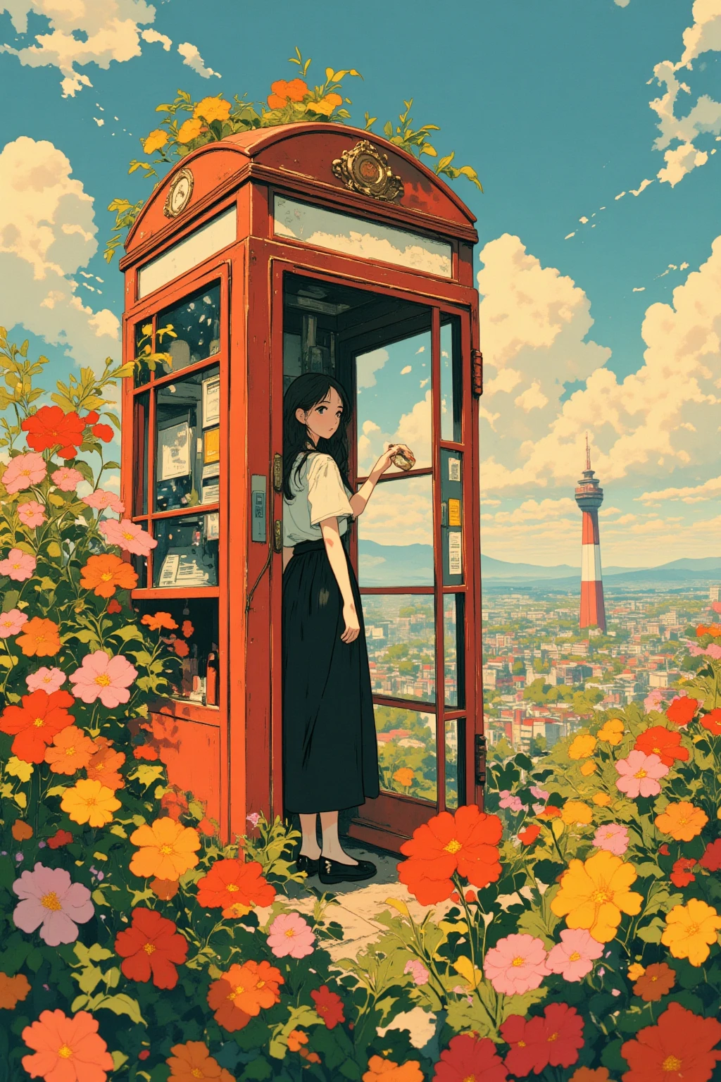   There is a picture of a girl in the phone booth on Flower Hill,  an elaborate painting inspired by Paul Ranson , polycount,   naive art ,  Additional Details ,  graphic details , Stylized Paintings , Detail shot, fake hidden detail,  mythical flower hill , Blurred、 dreamy illustration ,  middle close-up ,  middle close-up  shot,Ghibli Style Fantasy 