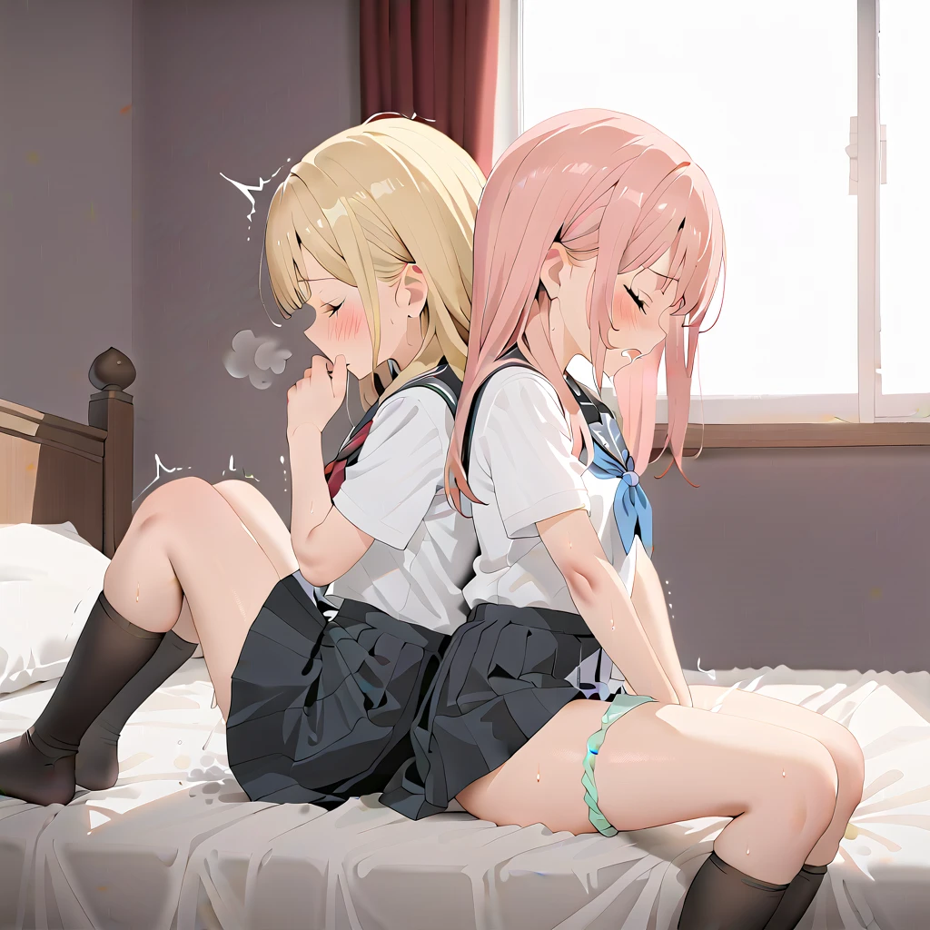 (masterpiece,beautiful,hughres,CG,8k,16k,best quality,high-resolution,detailed fingers,detailed hands,detailed legs,detailed eyes:1.5),anime,source anime,illustration,face focus,(from side:1.6),(2girls:1.5),(evening,indoor,one&#39;s home,bedroom:1.5),(sunset:1.3),shadow,(on the bed:1.4),(head down:1.2),(girl on the left(blonde hair):1.5),(girl on the right(pink hair):1.2),( thighs:1.4),(school uniform,white shirt,pleated skirt,black skirt,black thighhighs:1.3),small breasts,(panties pull,panty pull:1.3),(sitting),(My legs,knees to chest,folded,knees together feet apart:1.4),(profile:1.2),(back-to-back:1.4),hand over own mouth, covering own mouth,(female masturbation, fingering:1.3),(female orgasm, female :1.4),(pussy juice:1.2),(trembling:1.4),(gasping,heavy breathing,blush:1.5),(impatience1.1),flustered,(fidgeting around:1.4),(steam:1.2),(sweat skin,sweat:1.4),(streaming tears:1.3),(drooling:1.1),(looking away:0.5),(looking down:1.4),(spoken heart:1.3),(closed eyes:1.6),open mouth