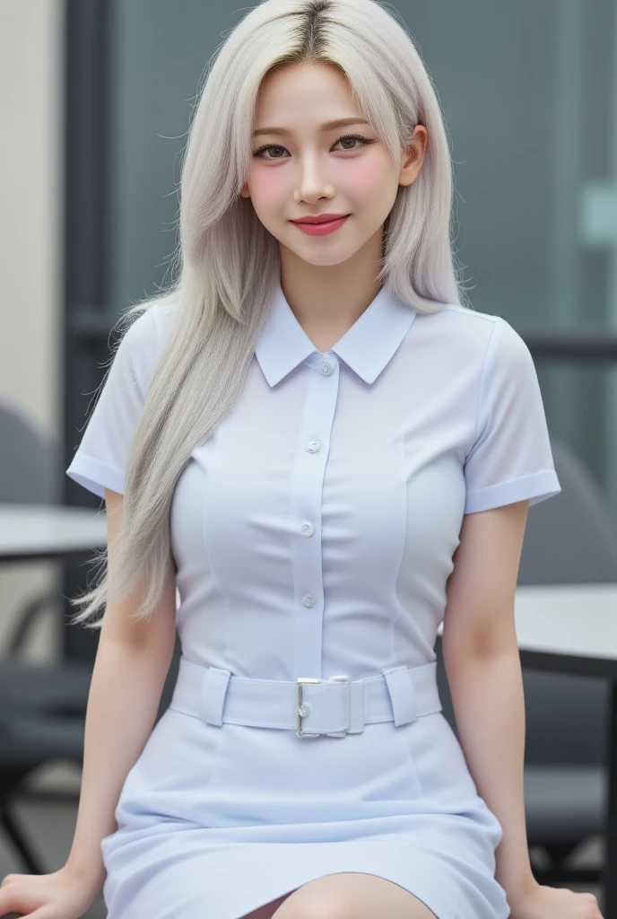 beautiful girl,sexy,gray hair,Wear a white student uniform,shorts,Wear stockings,Taking sexy photos,in the classroom