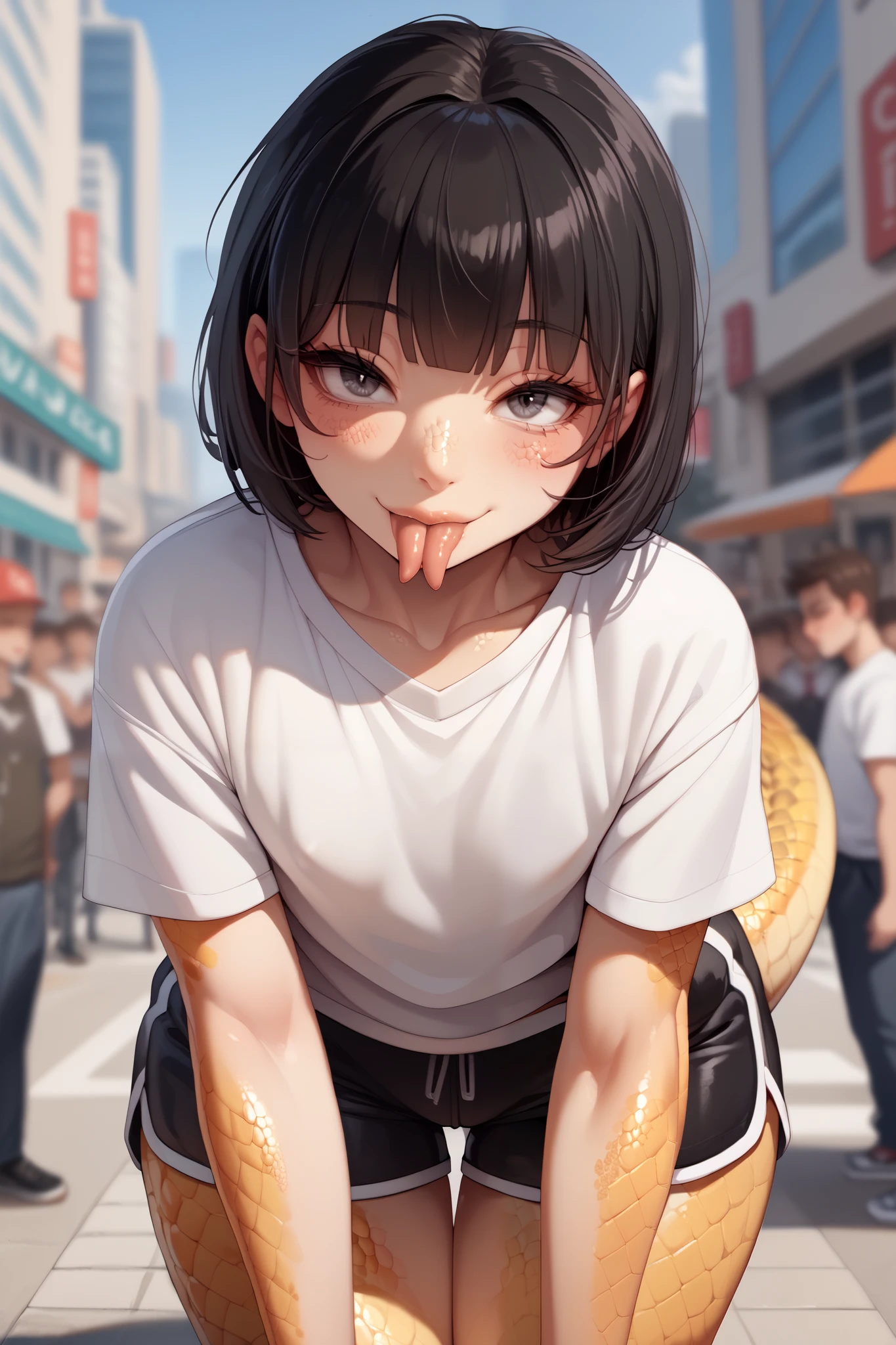 1 gekko girl, short black hair, bangs, slitted eyes, gekko tail, wide lizard tail, scales, yellow scales, forked tongue, voluptuous, flat chest, white sweatshirt oversized, tight dolphin shorts, leaning forward, city, crowd of extras around, blurred background 