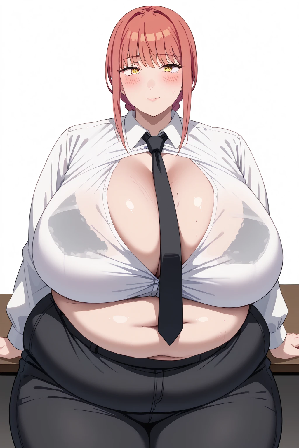 Makima, makima,  long hair、bangs、 shirt、 Long Sleeve , yellow eyes, white  shirt、 braided 、 thighs、Red Hair、 ties, collared  shirt、 black pants 、black  ties,Huge Saggy Tits,cleavage,Sloppy belly fat, company office, troubled expression,blush,Obese middle-aged woman,Severe obesity, Fat face,ssbbw,weight 250kg, score_9,  score_8_ up、 score_7_ up、 score_6_ up、 score_5_ up、 score_4_ up、 Masterpiece、 top quality, A beautiful woman with an obese figure,  absurd、 source_Anime, Anime screencap,  one woman、Alone、 personal  、Super huge breasts,  super huge clevis、Super huge, Super huge boob,Curvy、 Wide Hips 、