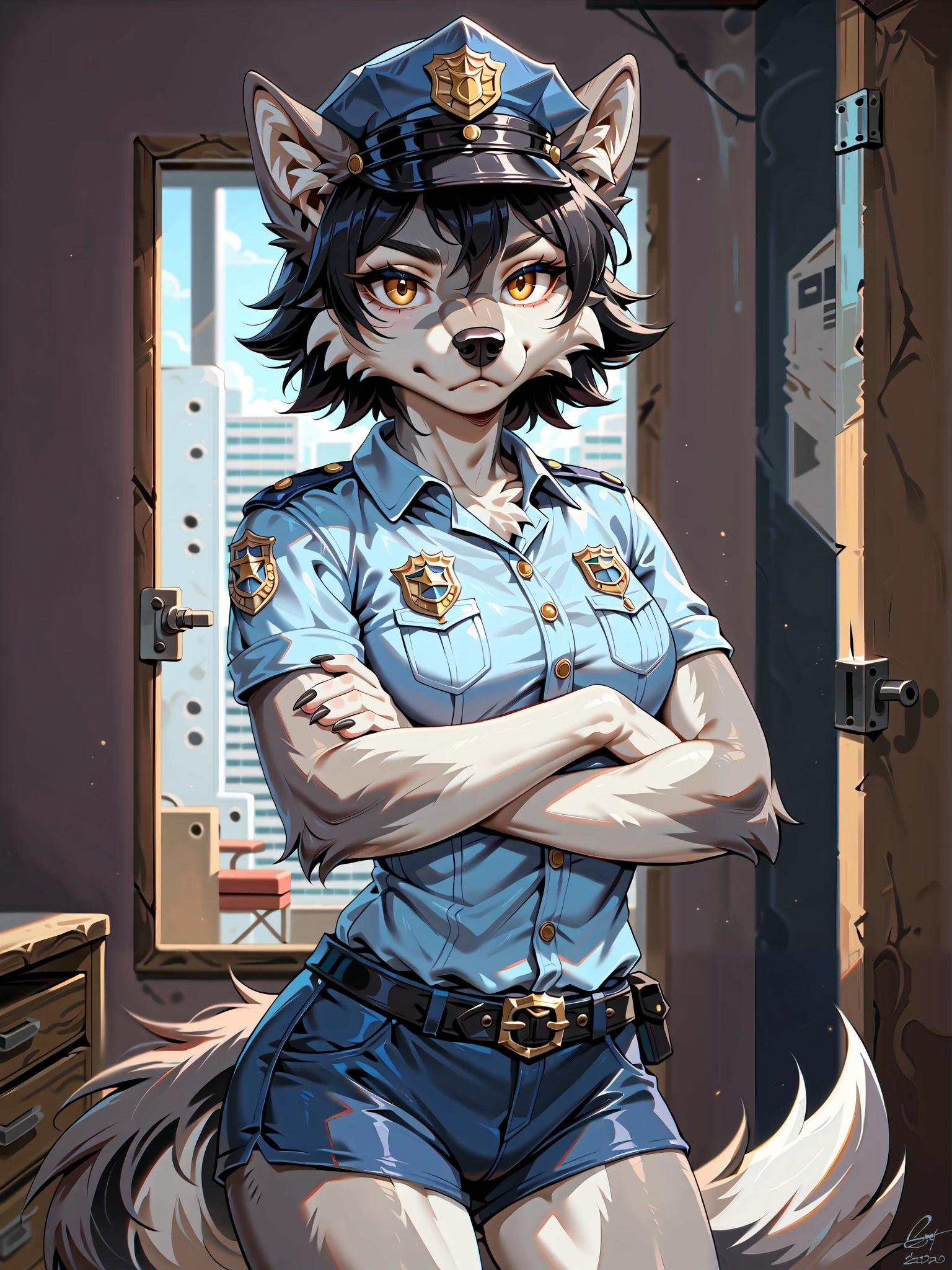 score_9, score_8_up, score_7_up, score_6_up, score_5_up, score_4_up, (detailed face and eyes:1.25), (1 female wolf anthro:1.75), (short hair, black hair, silver fur, gold eyes:1.25), (furry limbs), (realistic), (adult, beautiful, cool, boyish face, confident:1.25), (tall, long muzzle:1.2), (in interrogation room, interrogating viewer:1.5), (police cap, short sleeve shirt, short pants, police uniform:1.35), (closed mouth, serious, crossed arms:1.15), (cowboy shot), (PonyScores)