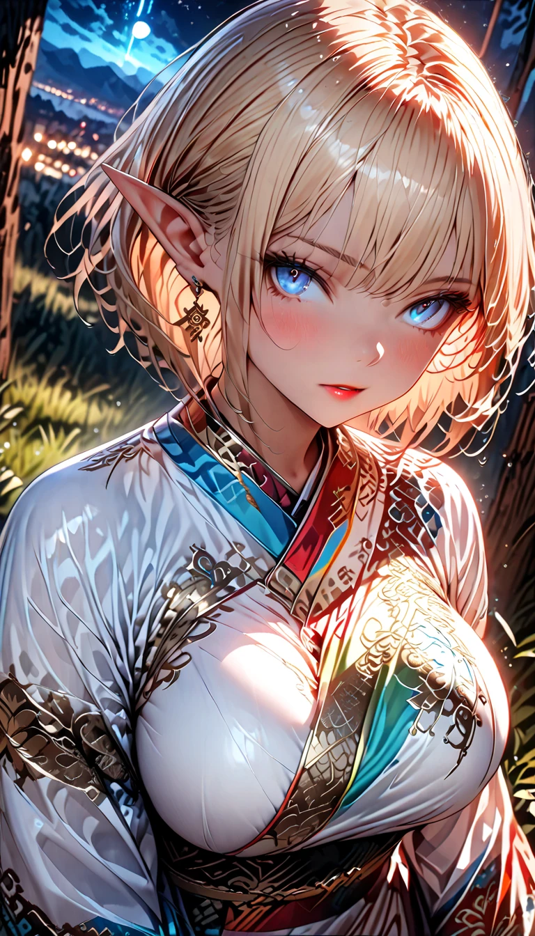 This is an ((ultra detailed)) and ((best quality)) fantasy (((masterpiece))). Generate a beautiful wood faerie standing in the middle of a magical forest. Detailed leaves of oranges and reds float through the air and seem to swirl in a strong gust of wind. The ((faerie's eyes are important)) and are beautiful eyes, ((realistically detailed eyes)), interesting eyes, and (((colorful eyes))) with complex patterns. Her clothes are soft and in autumnal hues, with flowing silk that dances in the breeze. Utilize ((dynamic composition)) and cinematic lighting to create a compelling image. Include beautiful eyes, (puffy lips), orange leaves, red detailed leaves, hazy rays of light, wind, cold