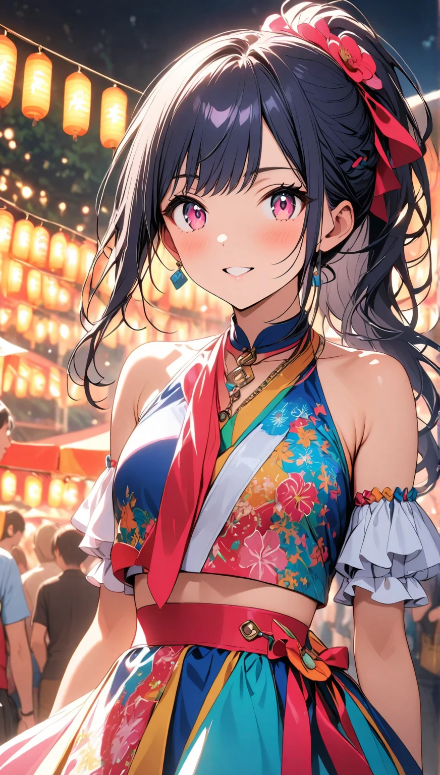 anime manga in 4D vivid colors high quality sombria art sexy cruise duros rígidos empinados tits alita + sakura fênix Portrait front view of a girl standing in a mystical marketplace with purple diamond hair in a flowing ponytail in a dynamic pose she is holding a glass of bubbling potion out to the view yellow eye in the background are busy vendors and magical light and smoke from the various market stalls anime style intricate detailed bright colors fantasy concept art digital art intricate oil on canvas