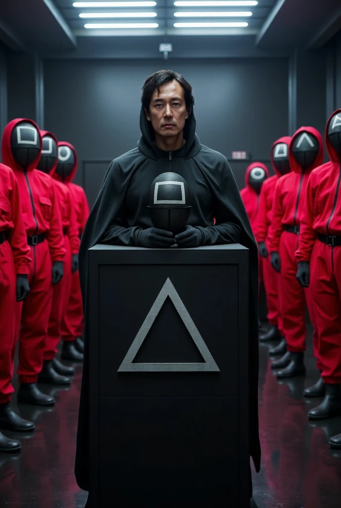 Create an exciting and futuristic scene inspired by a dystopian game setting, featuring a serious-looking man with short black hair and a dark cloak, standing confidently behind a podium decorated with geometric symbols (circles, triangles, squares). The man holds an elaborate black mask in one hand. Behind him, a group of masked guards in striking red uniforms stand in a row, their costumes featuring geometric shapes on their masks. The environment is a high-tech, modern room with reflective floors, neon lights, and an tense, cinematic atmosphere.